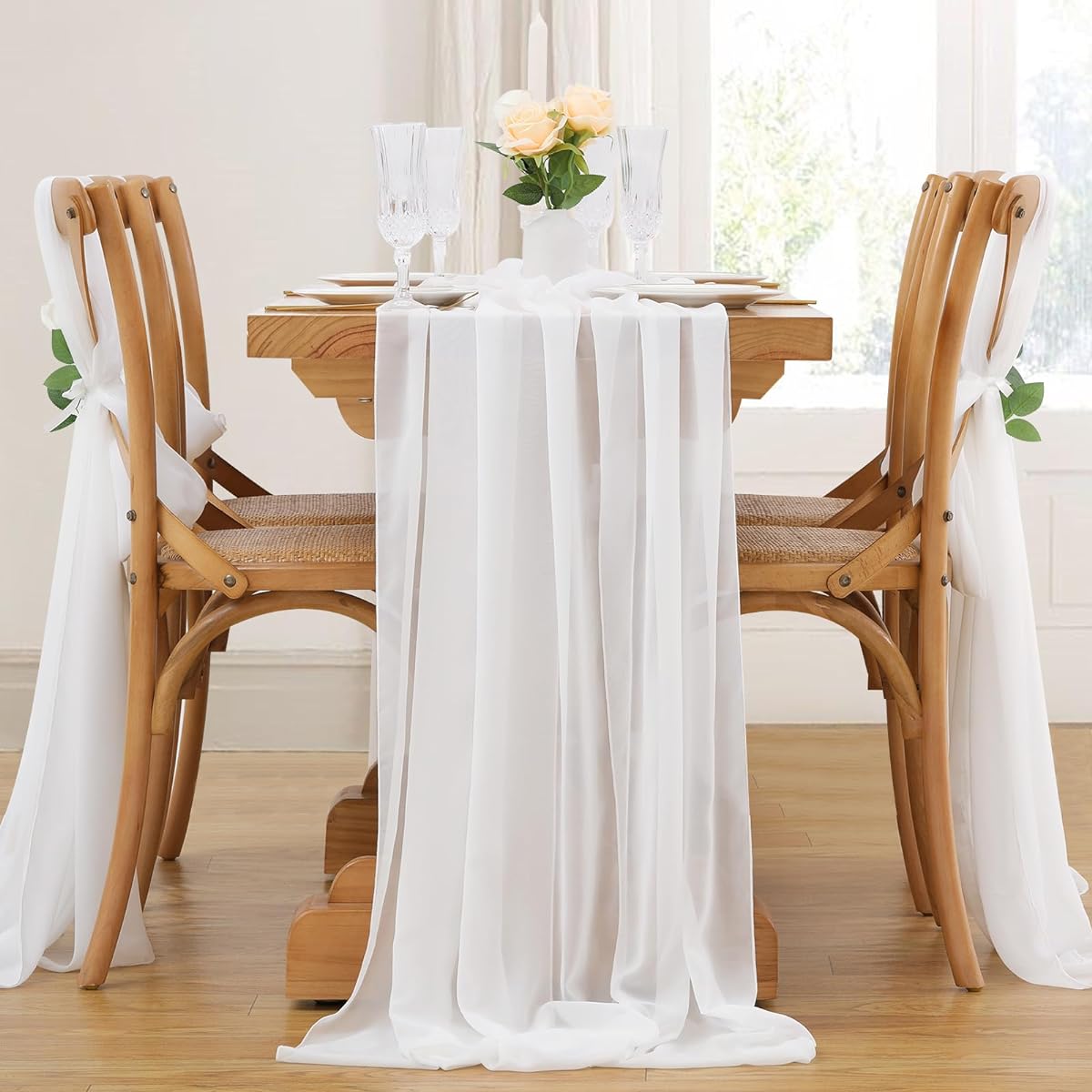 10ft Chiffon Table Runner, 10 Pieces 27x120inch White Wedding Table Runner Rustic Sheer Table Runner for Bridal Shower Party Cake Table