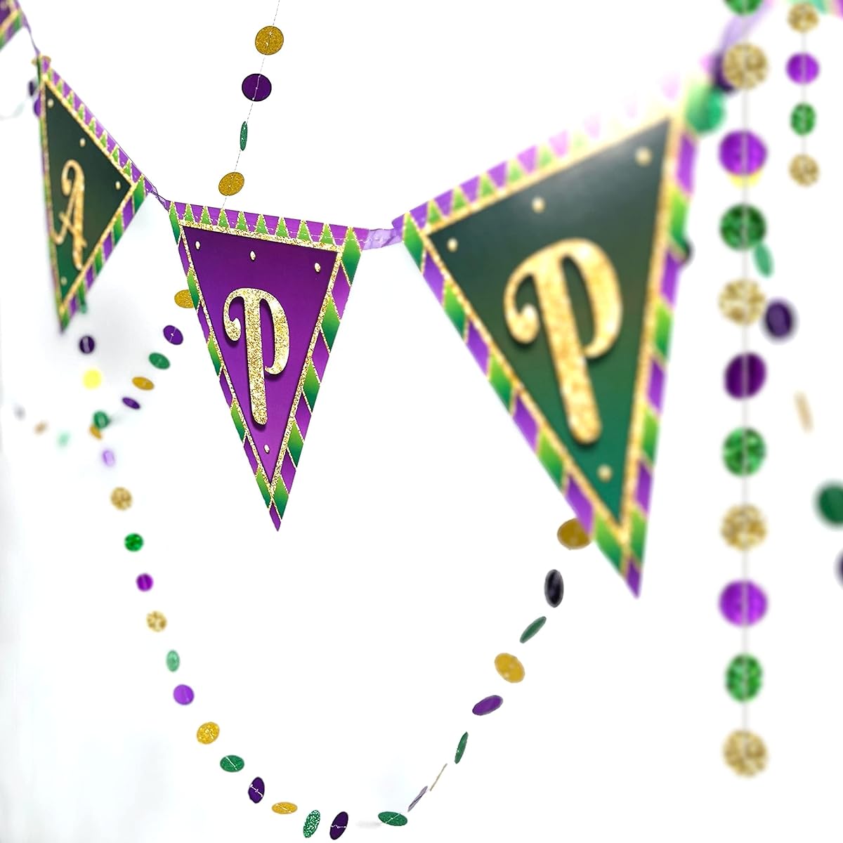 Green Purple Gold Happy Birthday Banner and Paper Bead Garland Set Mardi Gras Theme Birthday Decorations Triangle Flags Mardi Gras Party Supplies