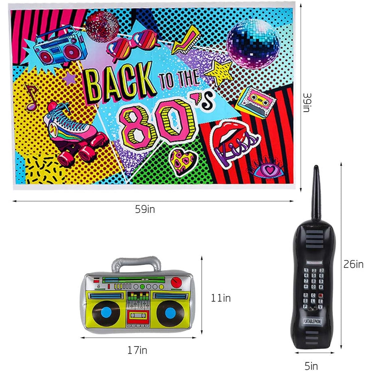 80s Party Backdrop Decorations Supplies Set - Inflatable Retro Cell Phone Boombox LED Shutter Shading Glasses Party Favors 80s 90s Hip Hop Glowing Theme Birthday Decor