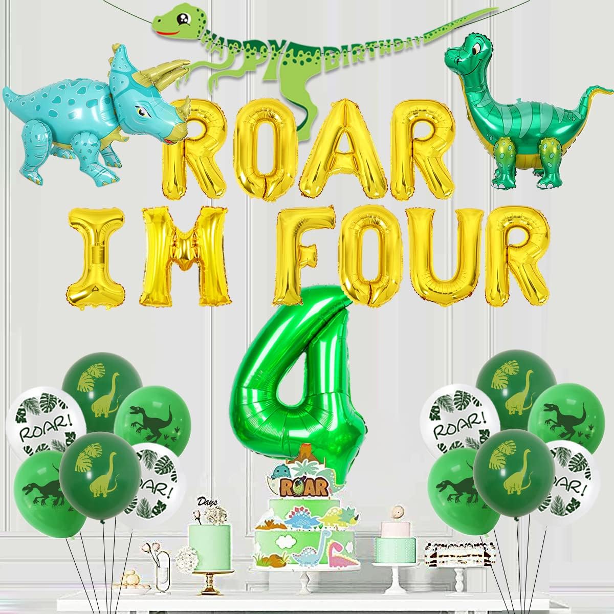 Dinosaur 4th Birthday Party Decorations,Roar Im 4th Birthday Decorations,Dinosaur Happy Birthday Banner,Number 4 Balloon,Jungle Dinosaur Themed Party Supplies