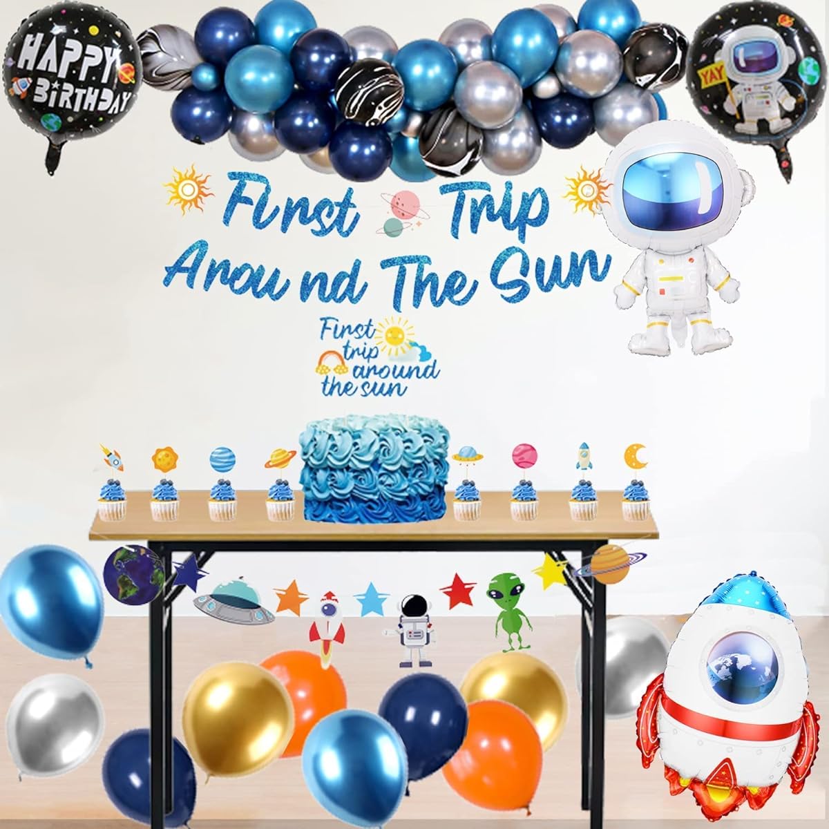 First Trip Around the Sun Birthday Decorations, Space Theme Party Balloons Garland Arch Kit Stars Solar System 1st Birthday Banner HBD Astronaut Rocket Balloons Baby Shower Party Supplies Decoration