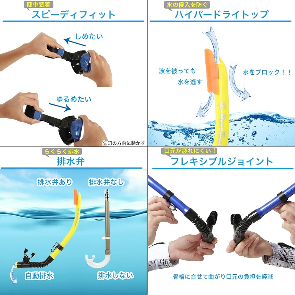 REEF TOURER Snorkeling Snorkel Mask for Children, 2-Piece Set, Made of Silicone, Ages 4-9, Easy Strap Adjustment RC0210