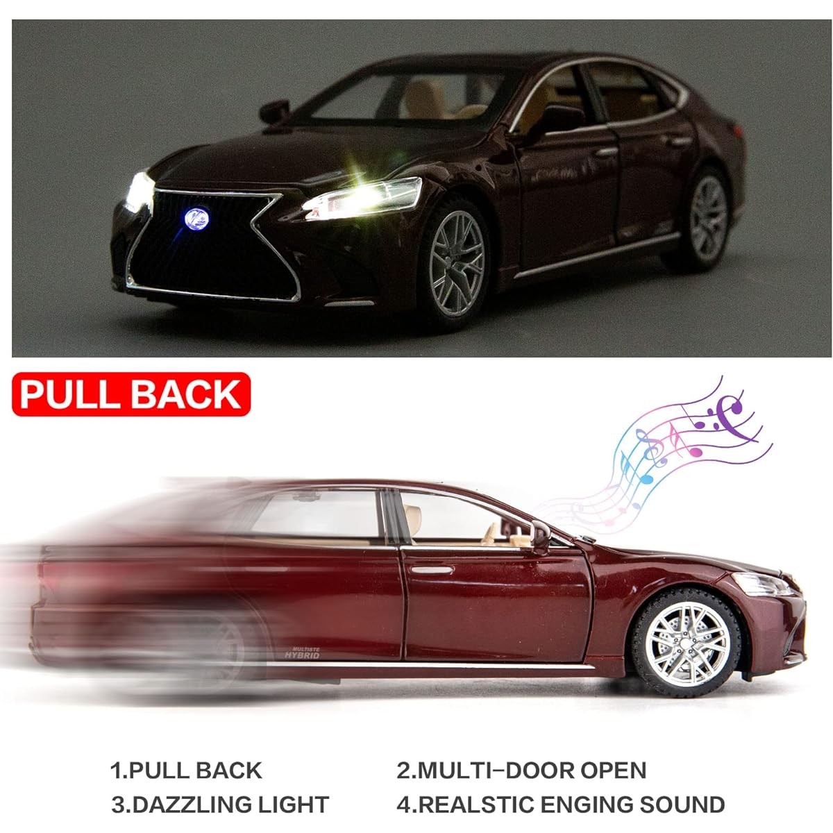 BDTCTK 1/32 Lexus Ls500h Model Car, Zinc Alloy Pull Back Toy Car with Sound and Light for Kids Boys Girls Gift (Brown)