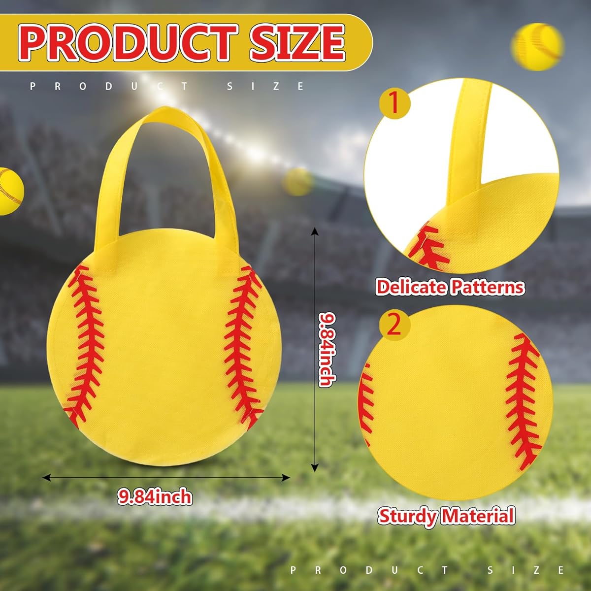 Aoriher 48pcs Sports Party Gift Bags, 9.84 x 9.84 Inch Basketball Football Baseball Soccer Non-Woven Sports Theme Party Goodie Candy Gift Bags for Sports Theme Party Gifts for Kids(Softball)