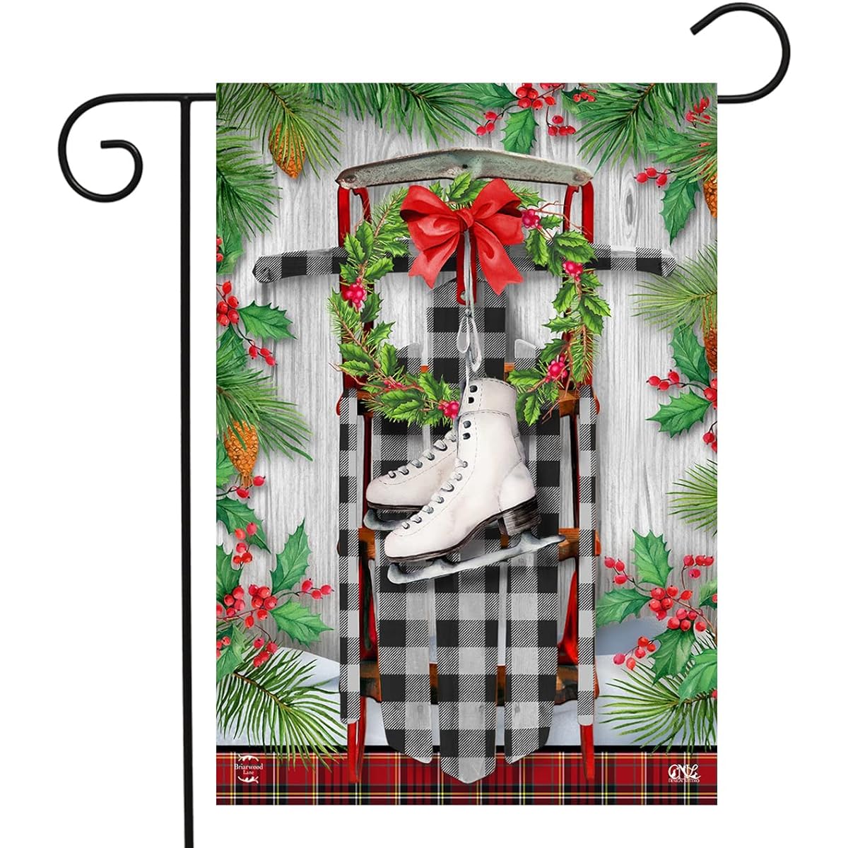 Briarwood Lane Winter Sleigh Garden Flag Checkered Skates Fir Cone 12.5" x 18"