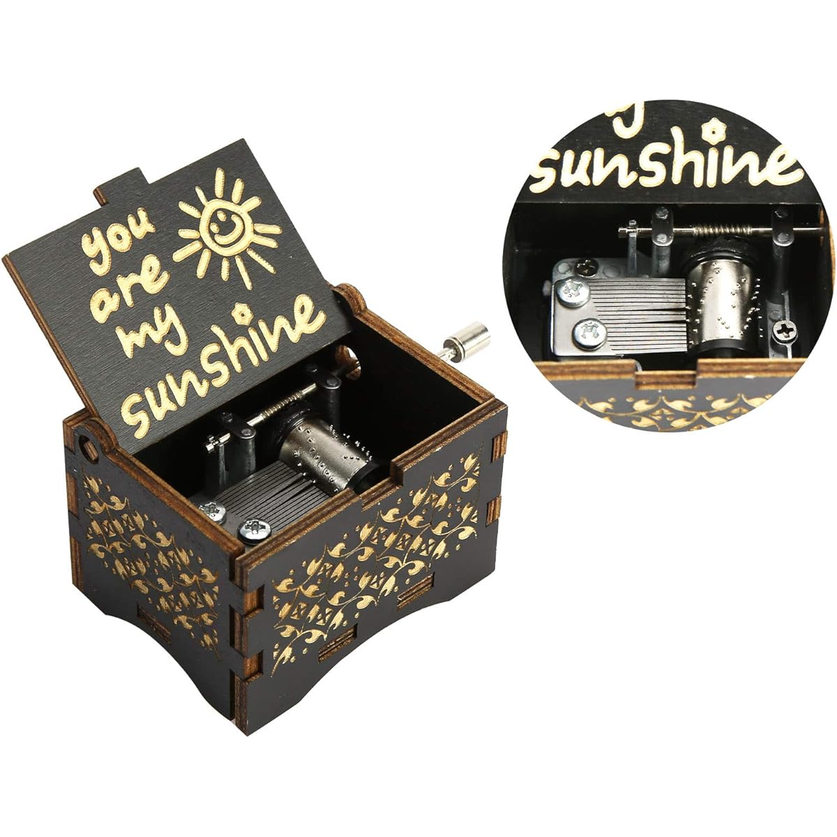 NEREIDS NET Wooden Music Box Vintage Music Box Hand Crank Small Wood Engraved Vintage Cute Box Gift Play You are My Sunshine Melody Birthday Christmas Valentine's Day
