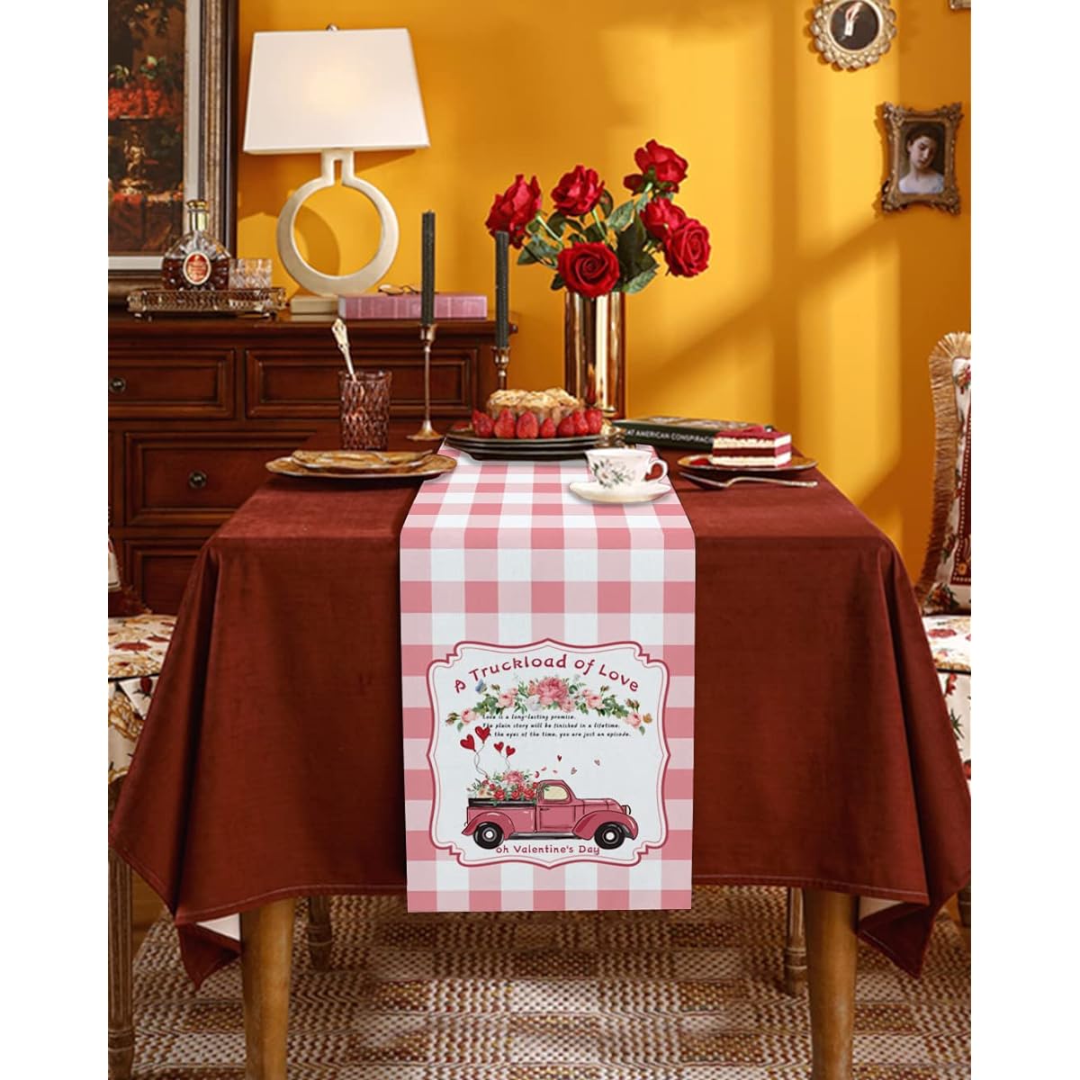 Coffee Table Runner Valentine's Day Truck Lord of Love Pink Plaid/Check Burlap Farmhouse Kitchen Decor Craft for Family Dinner/Party/Gathering 14x72 Inch