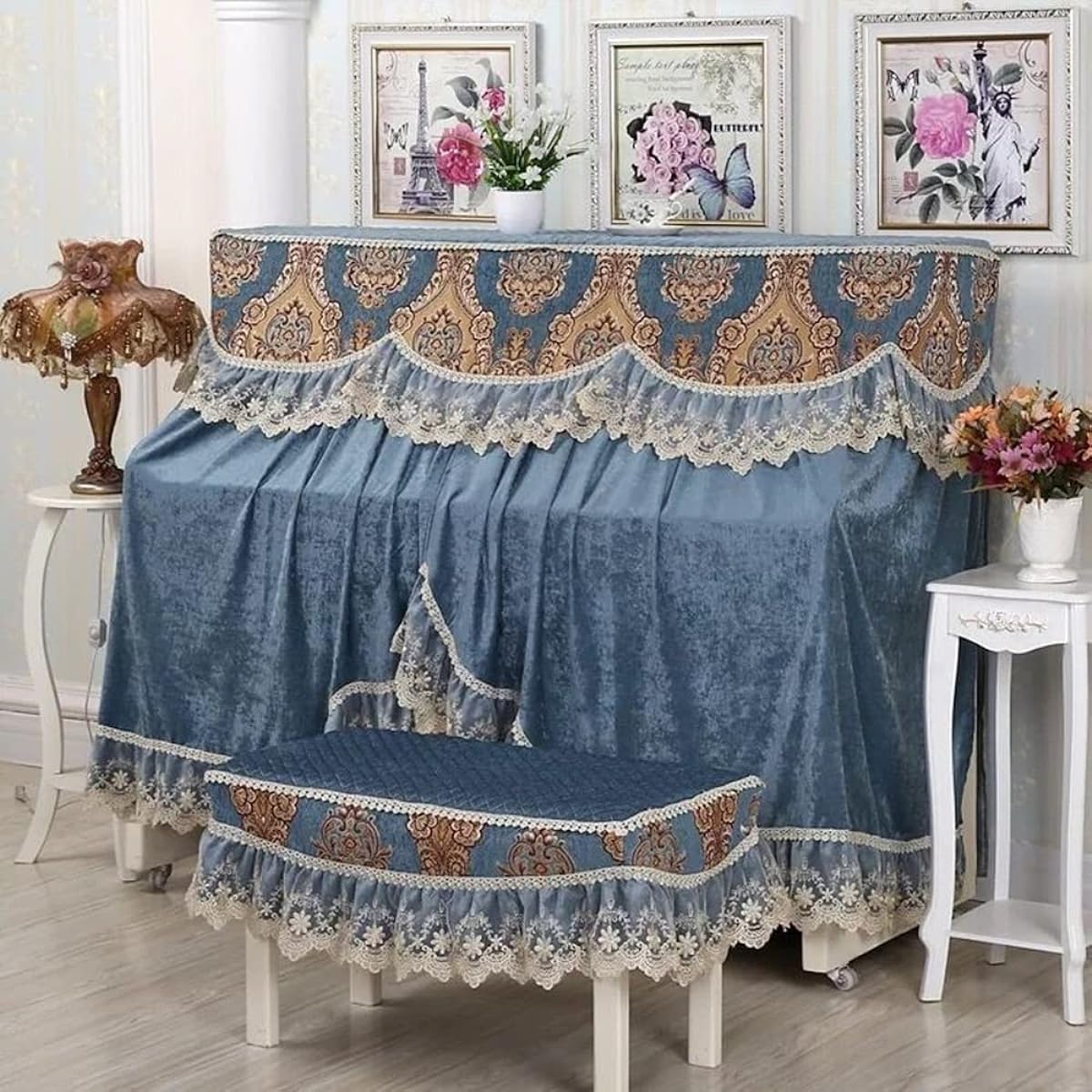Piano cover, dust cover, piano cover, upright top cover, for standard upright pianos, electronic piano, full cover, stylish, simple, Nordic, lace, elegant (piano cover + chair cover (two-seater type), F)