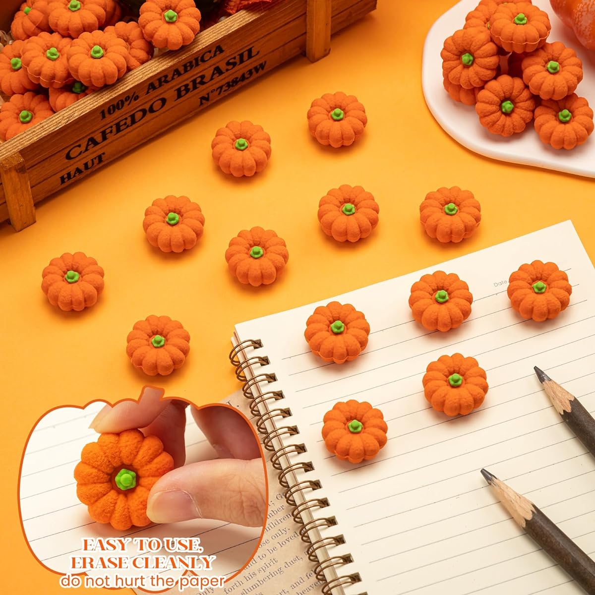 Ospvcwk 42pcs 3D Pumpkin Erasers Bulk Fall Mini Erasers Halloween Pumpkin Rubber Erasers for Kids Students Teachers Rewards Gifts Party Favors