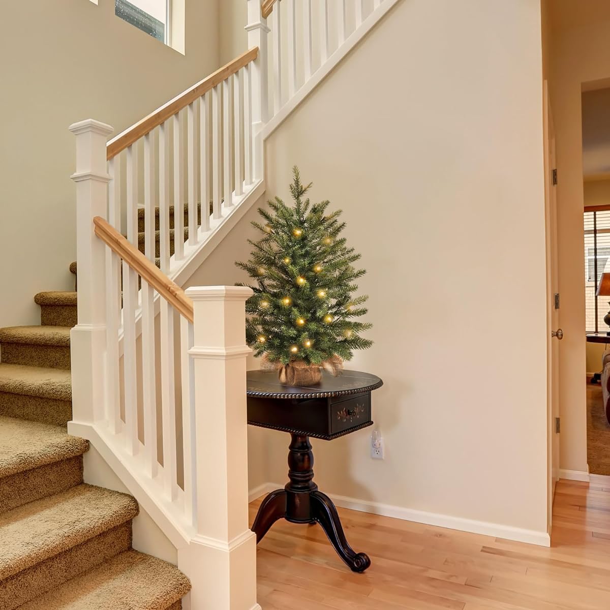 Mini Christmas Tree 24 Inch with 25 LED Lights 2 Feet Decorative Burlap Artificial Tabletop Christmas Tree Home Party Decoration for Kitchen Dining Room Window