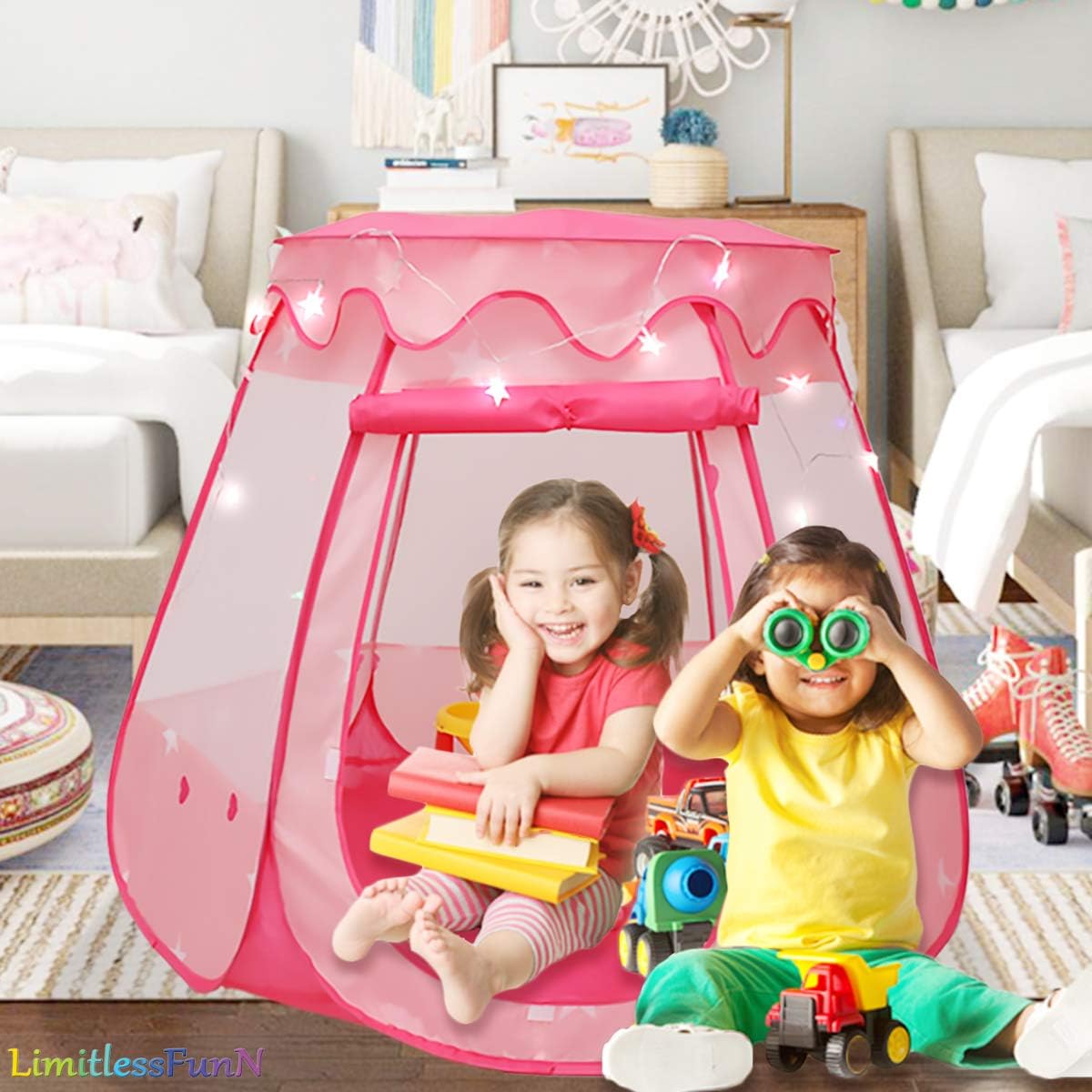 LimitlessFunN Princess Pop-Up Play Tent with Starlight and Carrying Case, Indoor & Outdoor, Pink