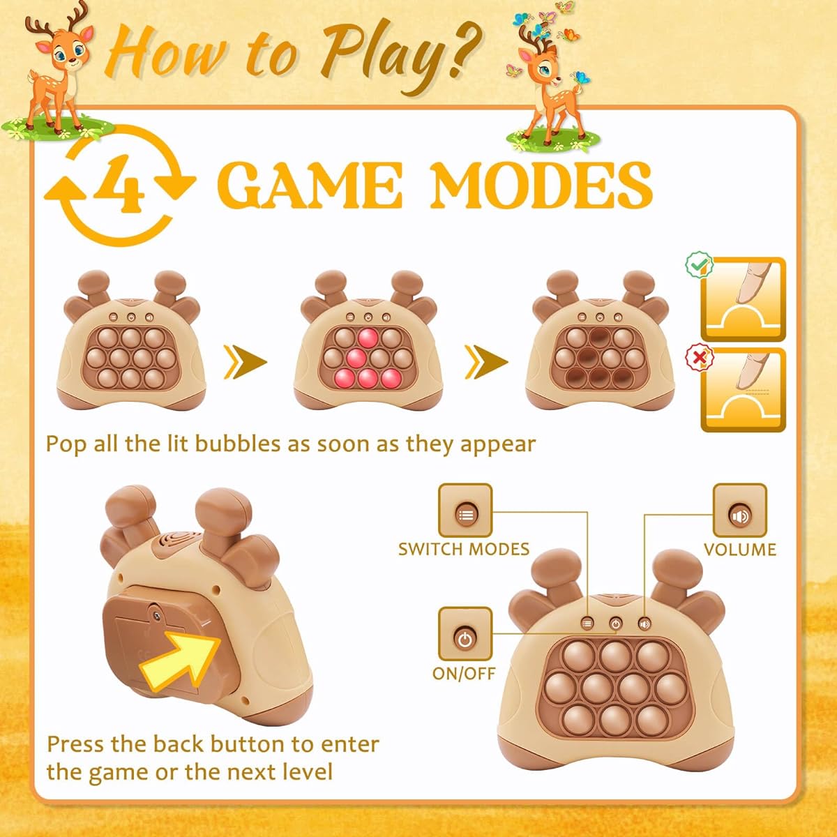 KIVIYNAY Handheld Games for Kids Push Pop Game Fidget Toy Quick Push Game Bubble Stress Pop Light Up Game Christmas Birthday Gifts for Kids Boys Girls Teens (Brown Deer)