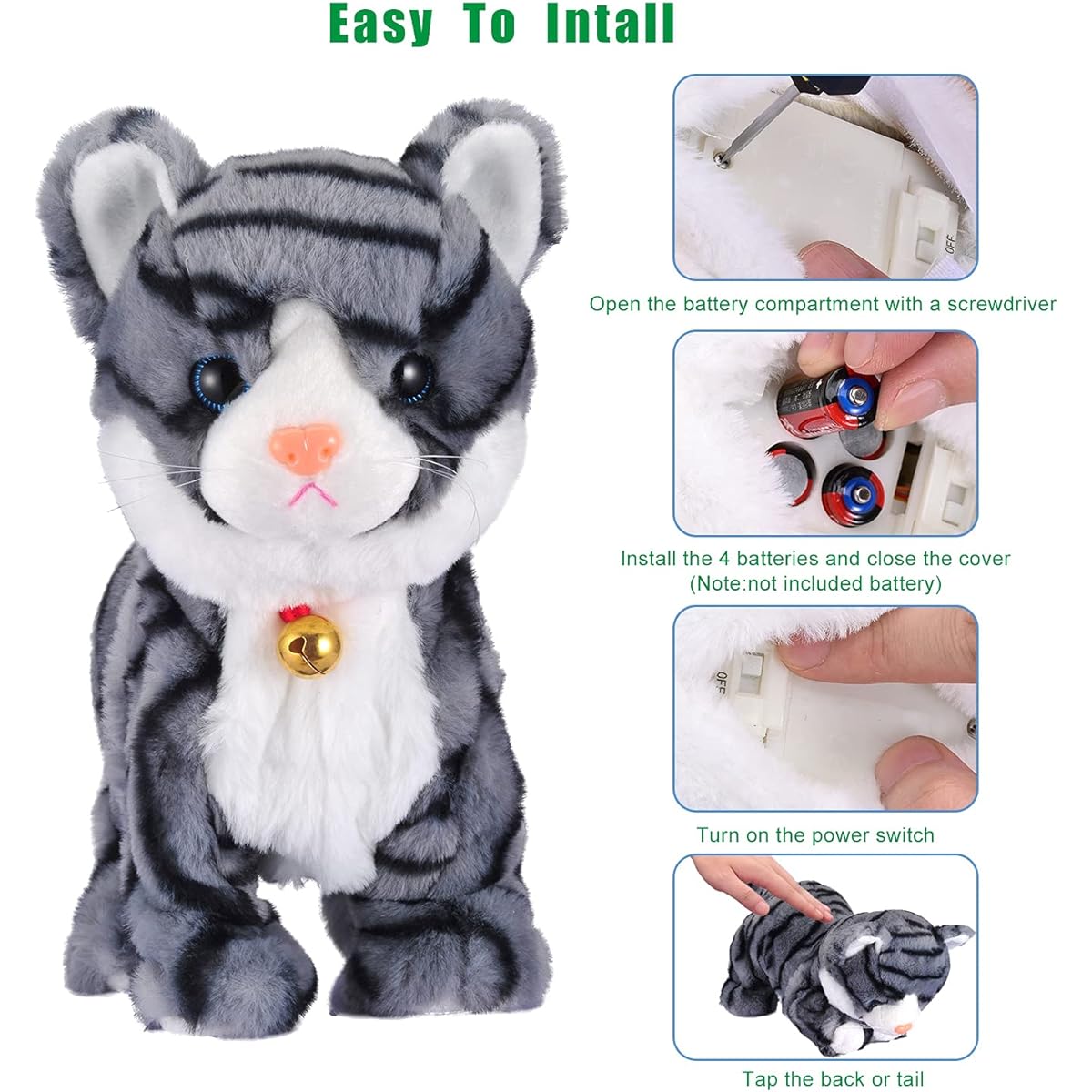 Volunna 12" Electronic Interactive Plush Cat Toy, Robot Cat Toy, Touch Control Meow Kitten Stuffed Animal Cat Toy Walking Barking Wagging Tail for Boys Girls Kids Babies Christmas Birthday