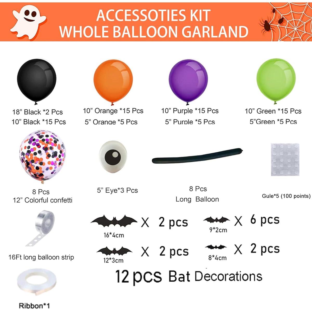 Halloween Balloon Garland Kit with Spider Bat Balloons Black Orange Purple Green Confetti Long Balloons 3D Bat Stickers Halloween Theme Party Supplies Classroom Backdrop Decorations