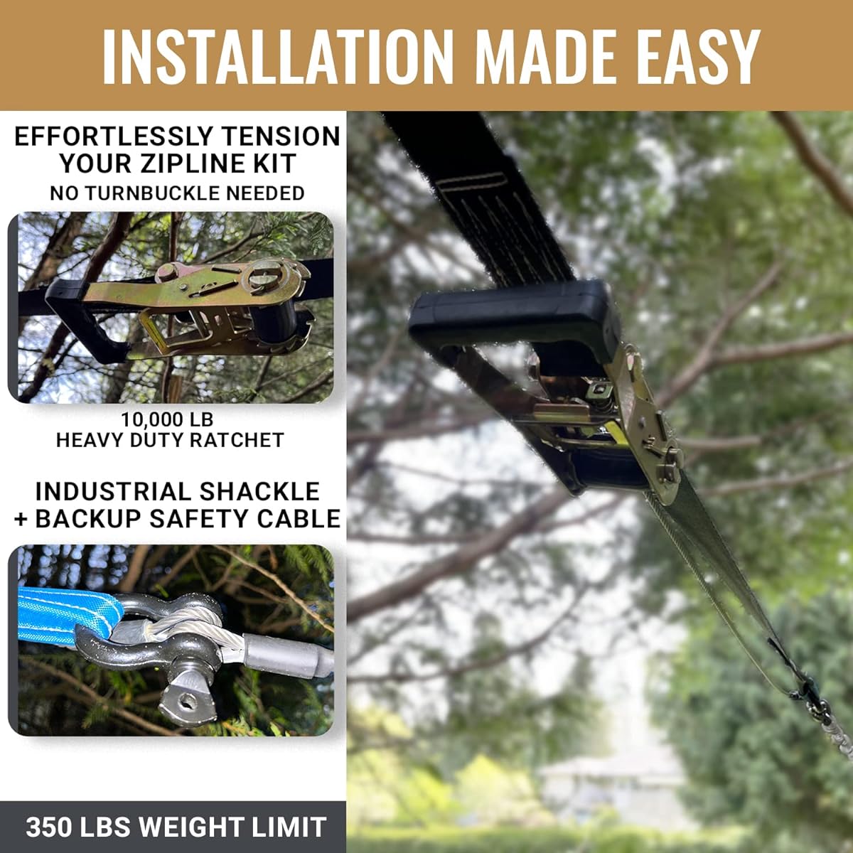 HomeZiplines Zipline for Kids and Adults Up to 350 lbs - 150/100/200 Feet - Quick Setup Zipline for Backyard Kids and Adults - 100% Rustproof with Safety Harness - Zipline for Adults - Zipline Kit