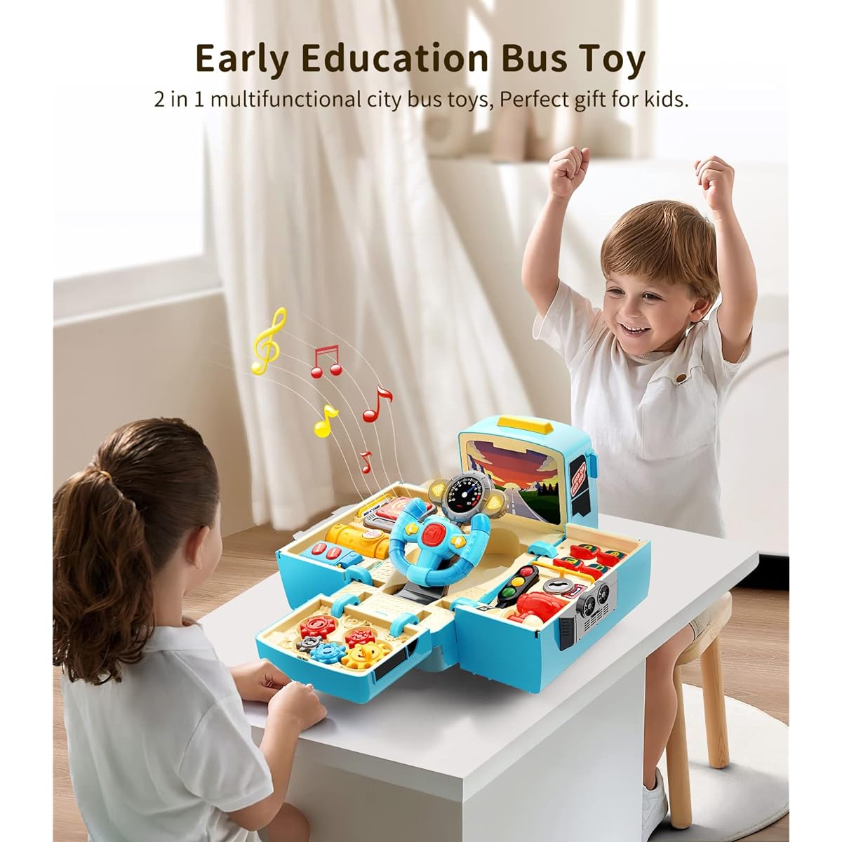 Geyiie Big School Bus Toy Kids School Bus Toy with Music Preschool Learning Toy