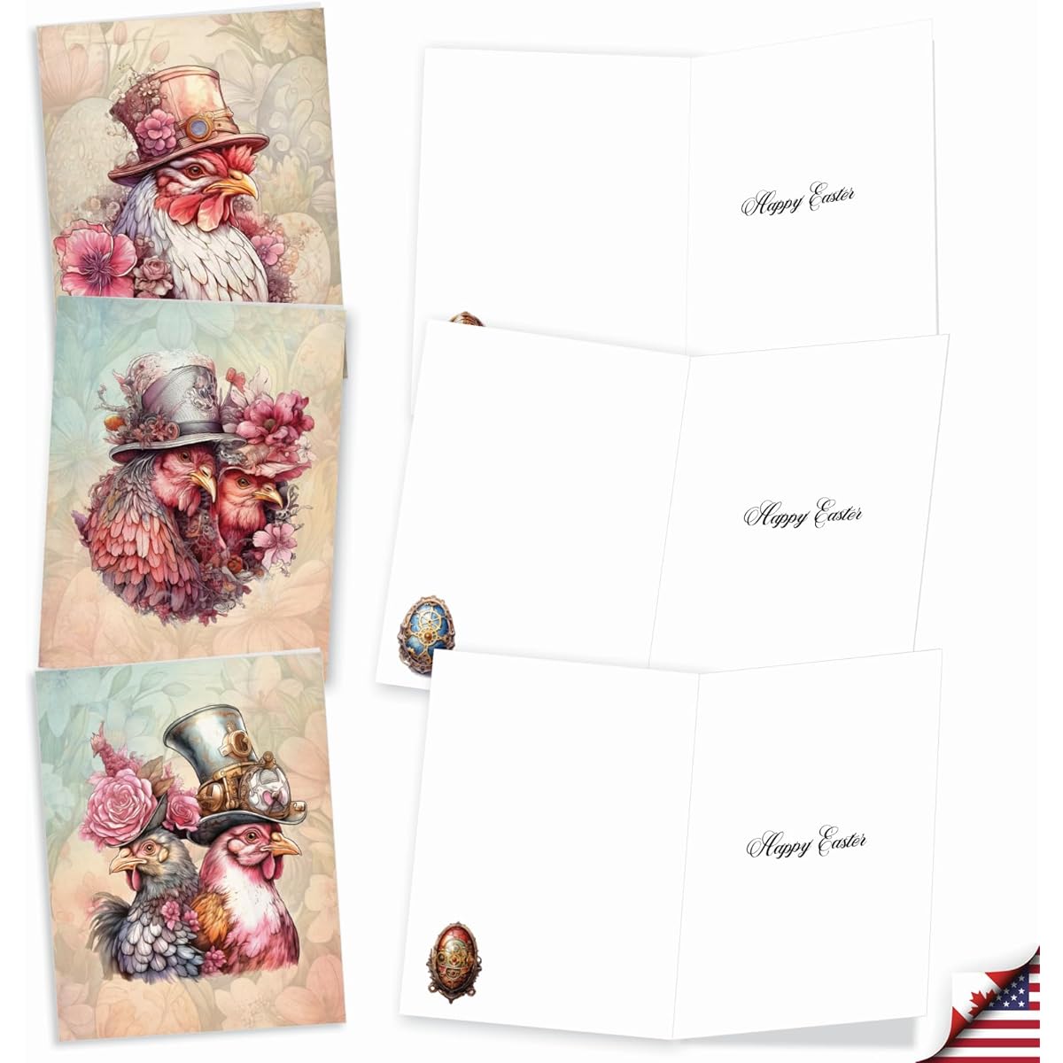 The Best Card Company AM10979EAG-B2x10 Set of 20 Easter Note Cards, Boxed Set, 4 x 5.12 Inch with Envelopes (10 Designs, 2 of Each), Steampunk Chicken Family