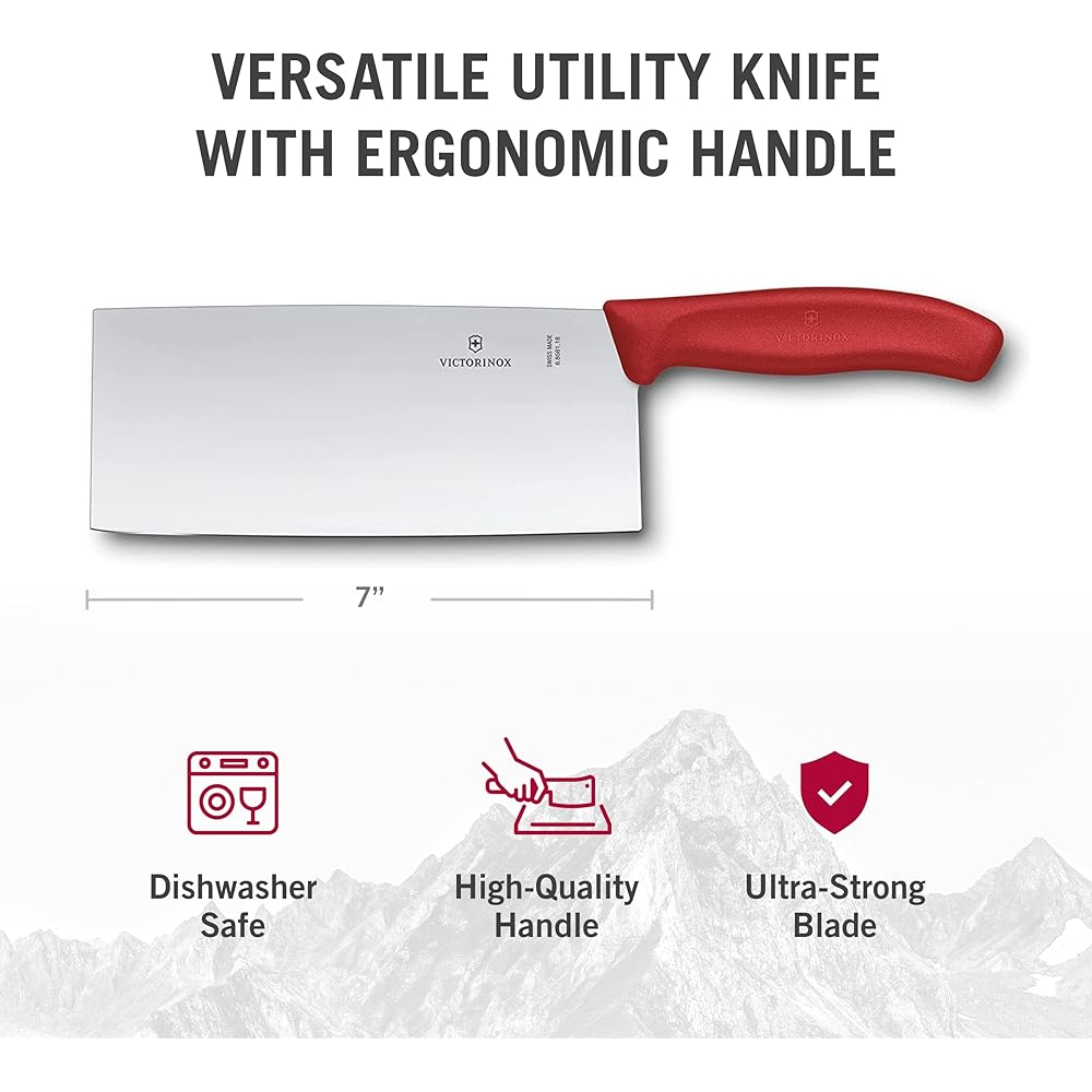 VICTORINOX Chinese knife, stainless steel all-purpose knife, 18cm, red, versatile knife that can be used for all kinds of cooking, dishwasher safe, Swiss classic 6.8561.18G