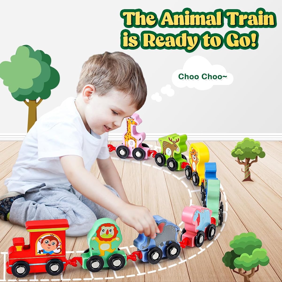EDUJOY Toddler Toys for 2-3 Year Old Boys Wooden Animal Train Toys for 2 3 Year Old Boys Christmas Birthday Gift Montessori Learning Toys 2-4 Years Kids Toddler Girls Toys 2 Years Old 3 Years Old
