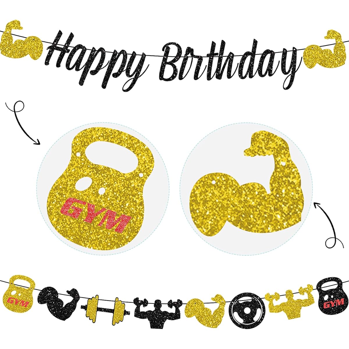 Gym Happy Birthday Banner Glitter Black and Gold Fitness Themed Birthday Banner for Men Fitness Themed Birthday Decorations Weightlifting Party Supplies