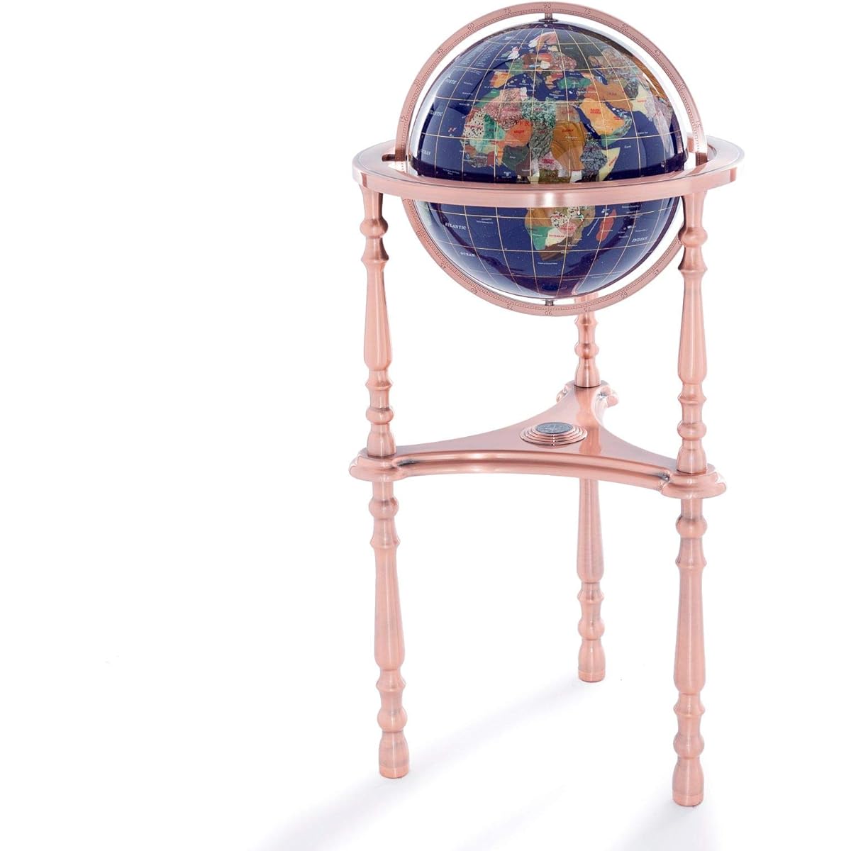 KALIFANO Large Gemstone Globe Vibrant Polished Lapis Ocean and Mosaic Gemstones Continents 37 Inch Ambassador Antique Copper 3 Legs High Stand World Globe with Floor Stand Office Decor