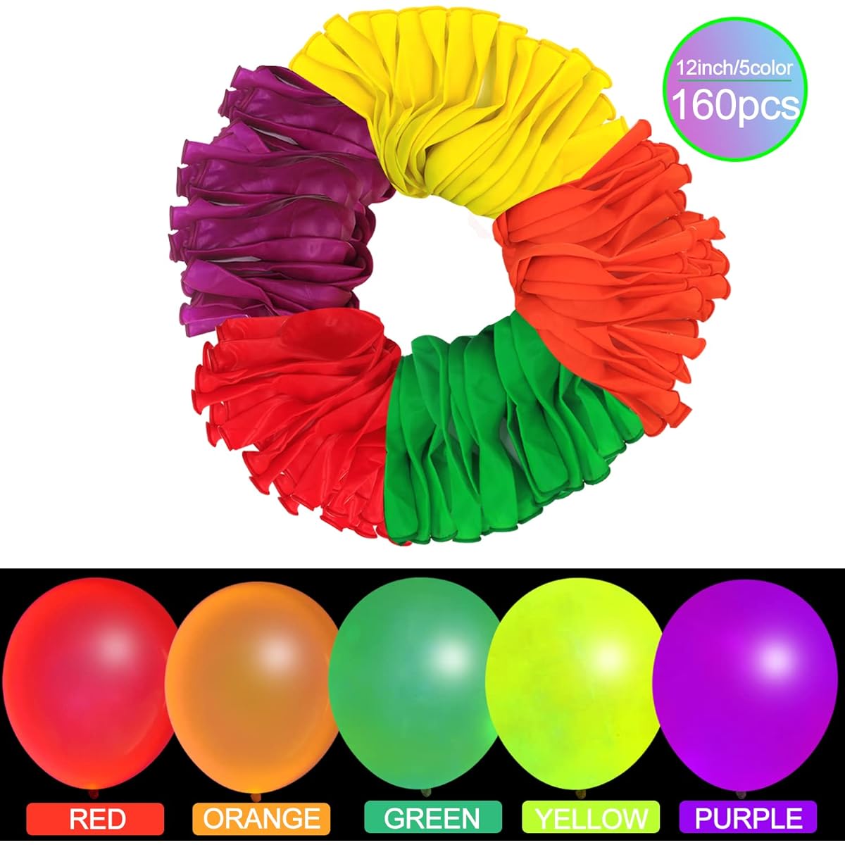 160pcs 12" Neon Light Latex Balloons Glow in the Dark Balloons UV Black Light Reactive Fluorescent for Happy Birthday Party Wedding Anniversary Party Supplies Decorations