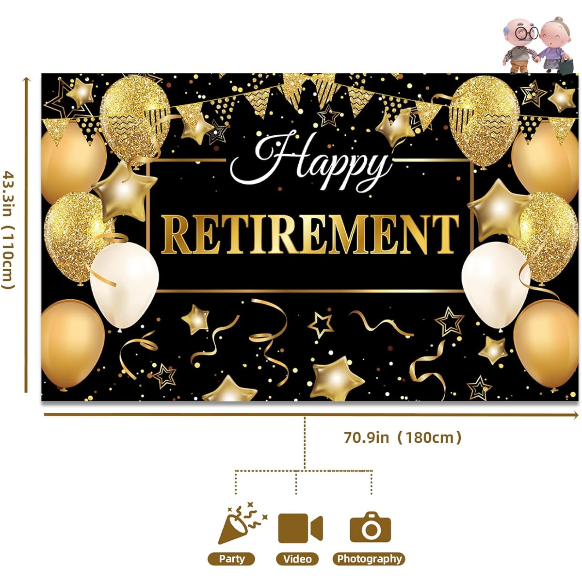 Happy Retirement Party Decorations - Extra Large Fabric Black and Gold Happy Retirement Sign Banner Photo Booth Backdrop with Rope for Retirement Party Favors