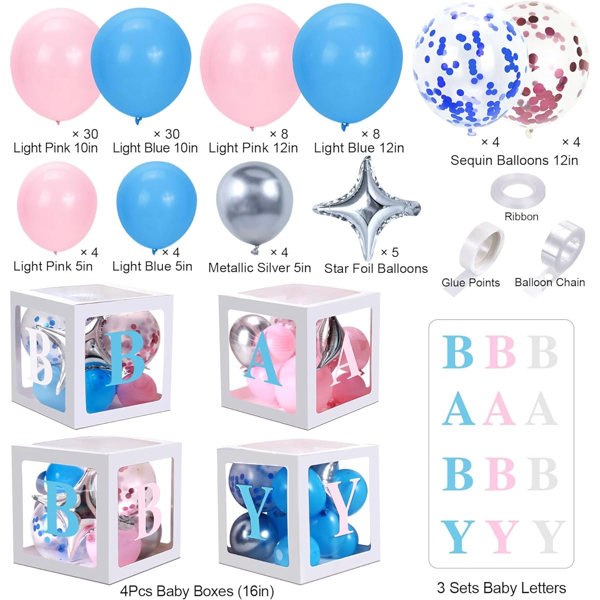 Winrayk 120pcs Baby Boxes Gender Reveal Baby Shower Decorations with Balloon Garland Arch Kit Blue Pink White Baby Letters DIY Baby Boxes 1st Birthday Decor for Boy or Girl Gender Reveal Party Supplies
