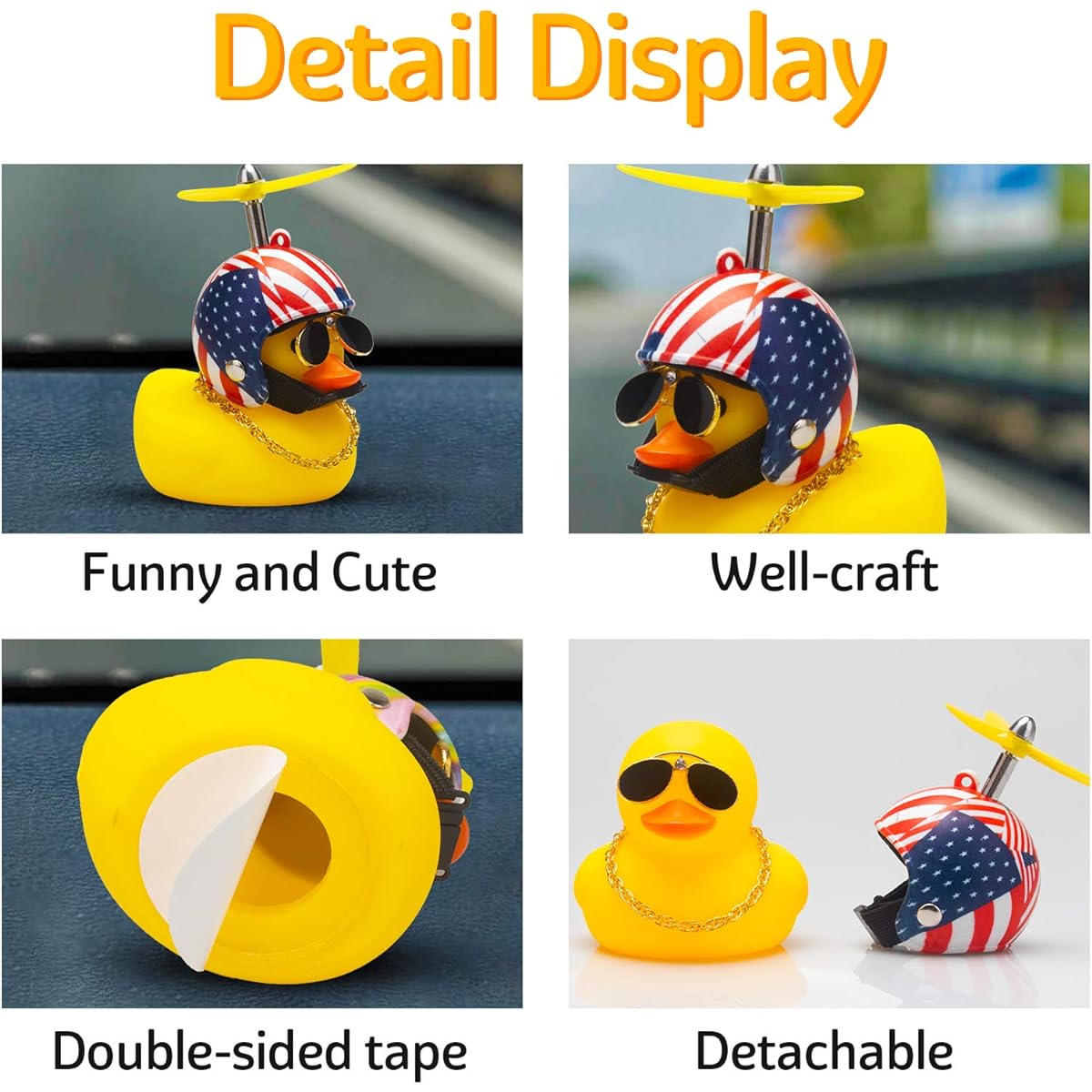 wonuu Rubber Duck Toy Car Ornament Yellow Duck Car Dashboard Decoration with Propeller Helmet (S-American Flag)