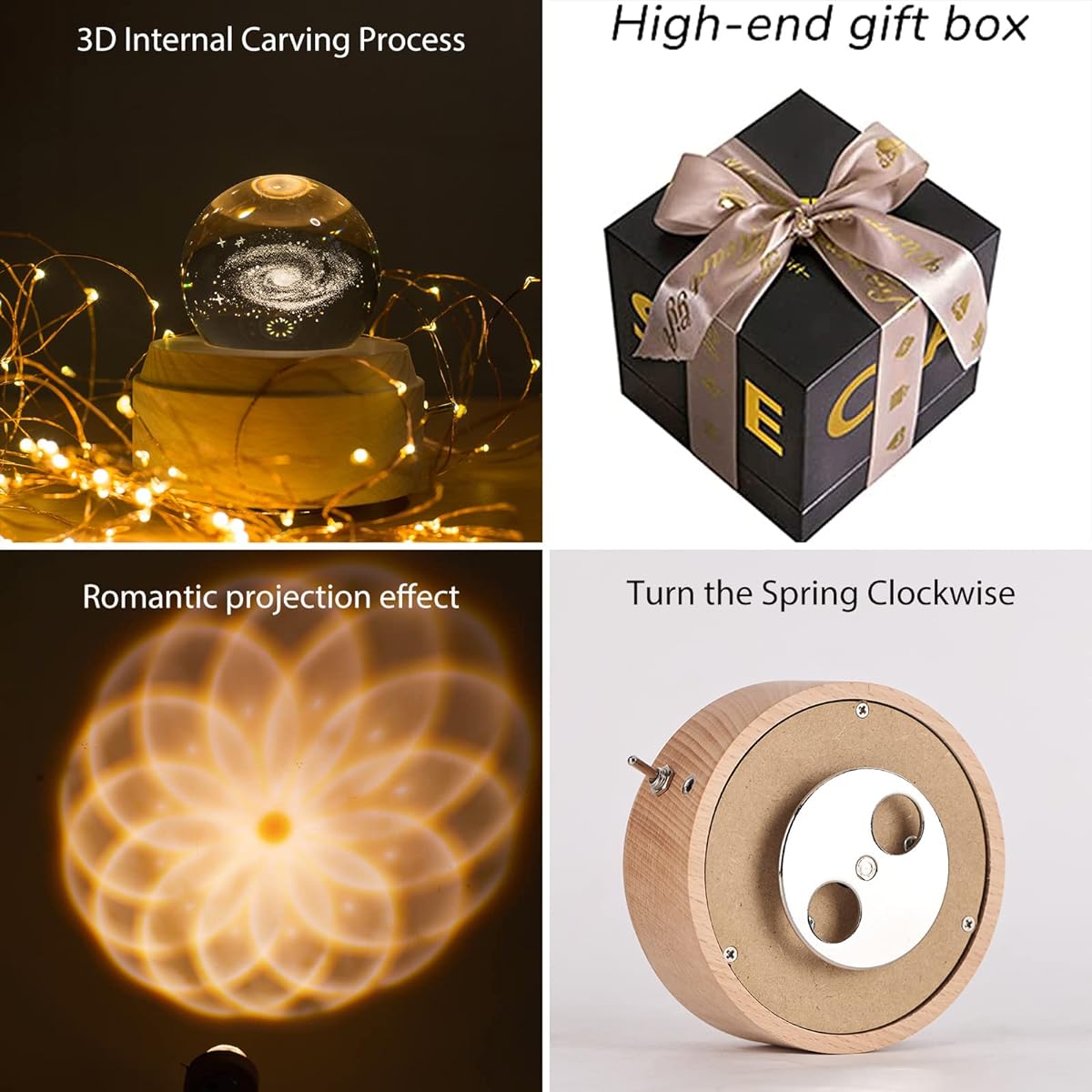 Crystal Ball 3D Music Box with LED Night Light Rotating Base Crystal Night Light Christmas Thanksgiving Birthday Valentine Boys Girls Home Decoration Gift (Big Moon)