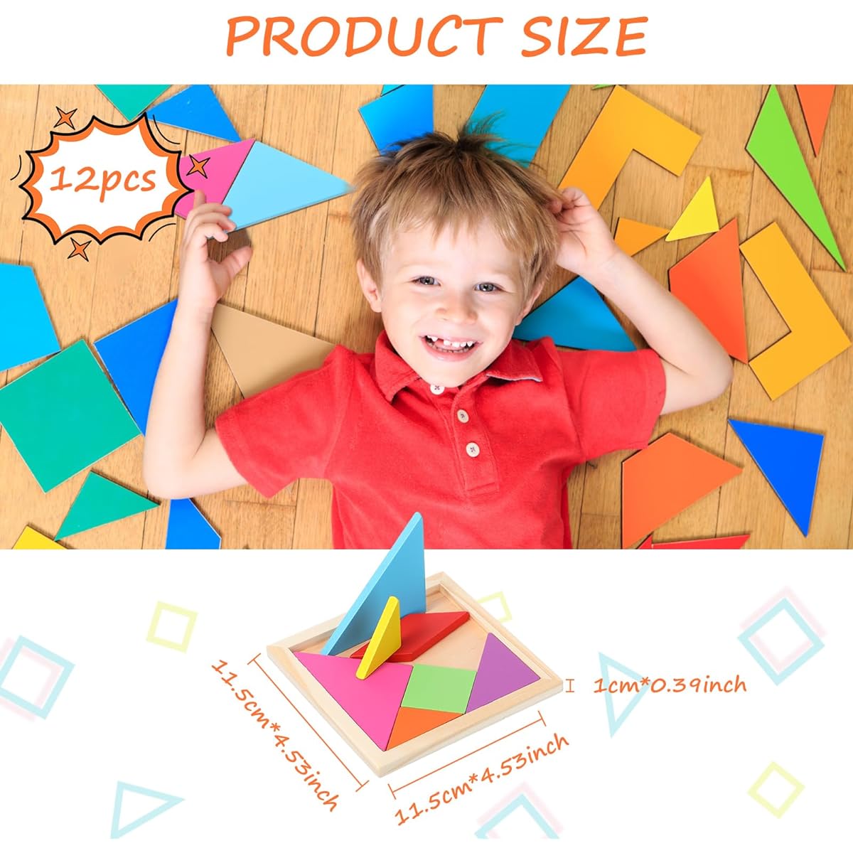 Meooeck 12 Pieces Tangram Puzzle for Students Party Favors Shape Tangram Puzzle Wooden Tangram Pattern Blocks Sensory Blocks Puzzle Brain Logic Blocks Manipulation Game Educational Gifts