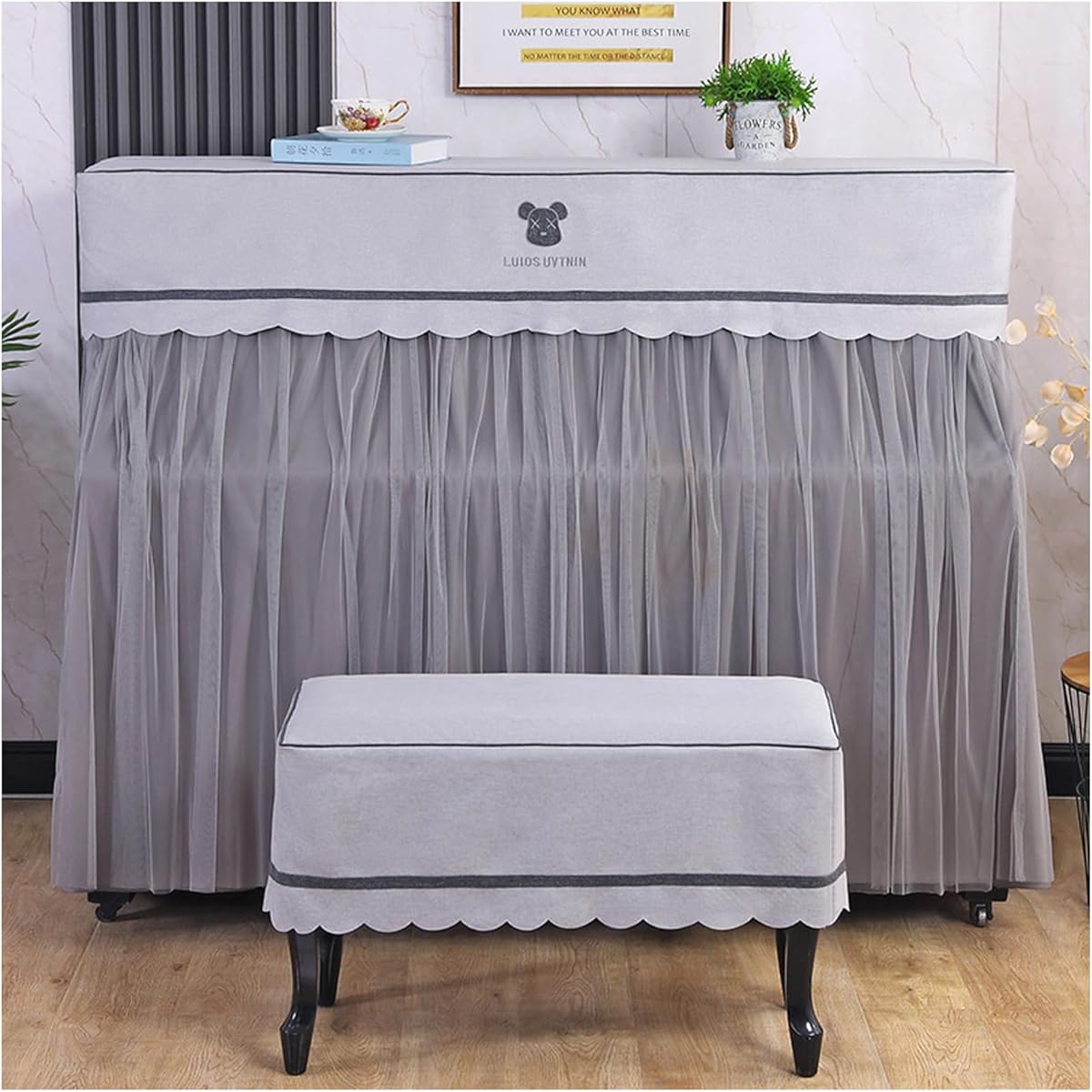 Thick European style piano cover, piano stool cover, lace upright piano cover, modern simple, soft, 360° dustproof, washable, a gift for the family, easy to use (Color: C)