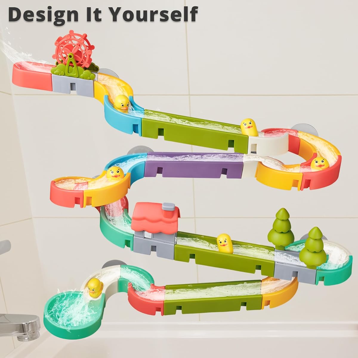 SOCBTNSO Duck Slide Toy Bath Toys for 4-8 Years Old Kids DIY Assembly Kit Bathtub Time Birthday Gift for Toddlers Ages 3+ (51 Pieces)