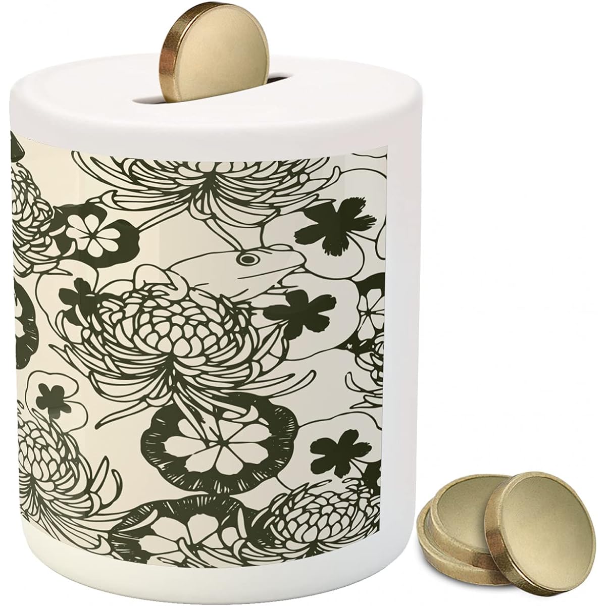 Lunarable Floral Piggy Bank - Monochrome Illustration of Spring Pond Flowers and Frogs - Ceramic Coin Bank, Piggy Bank, 3.6" x 3.2", Eggshell, Dark Olive Green