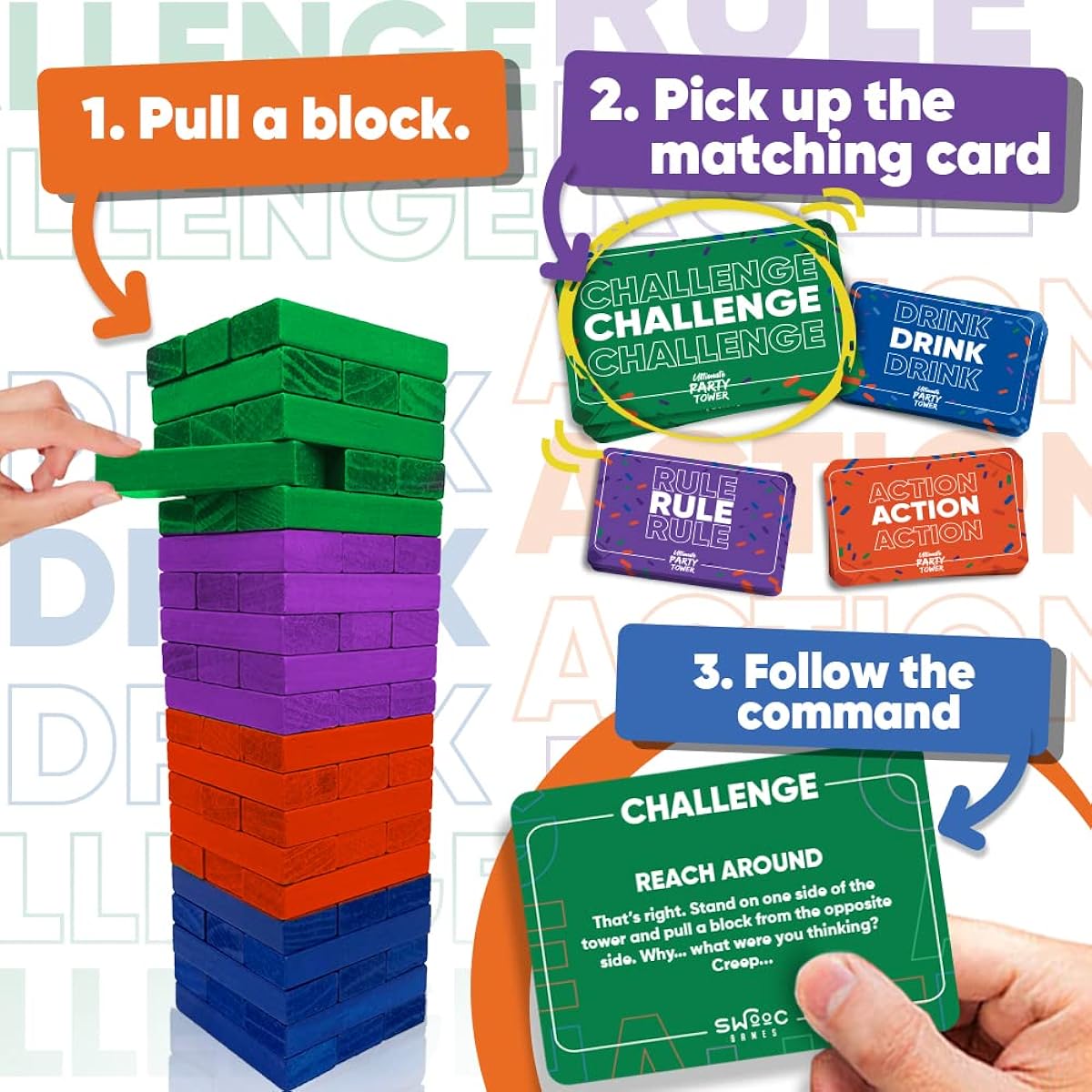 SWOOC - The Ultimate Party Tower - 100 Original Commands, 60 Blocks & 1000 Hilarious Rule Combinations - A Tipsy Spin on a Fun Classic Game for Power Hour - Ages 21+