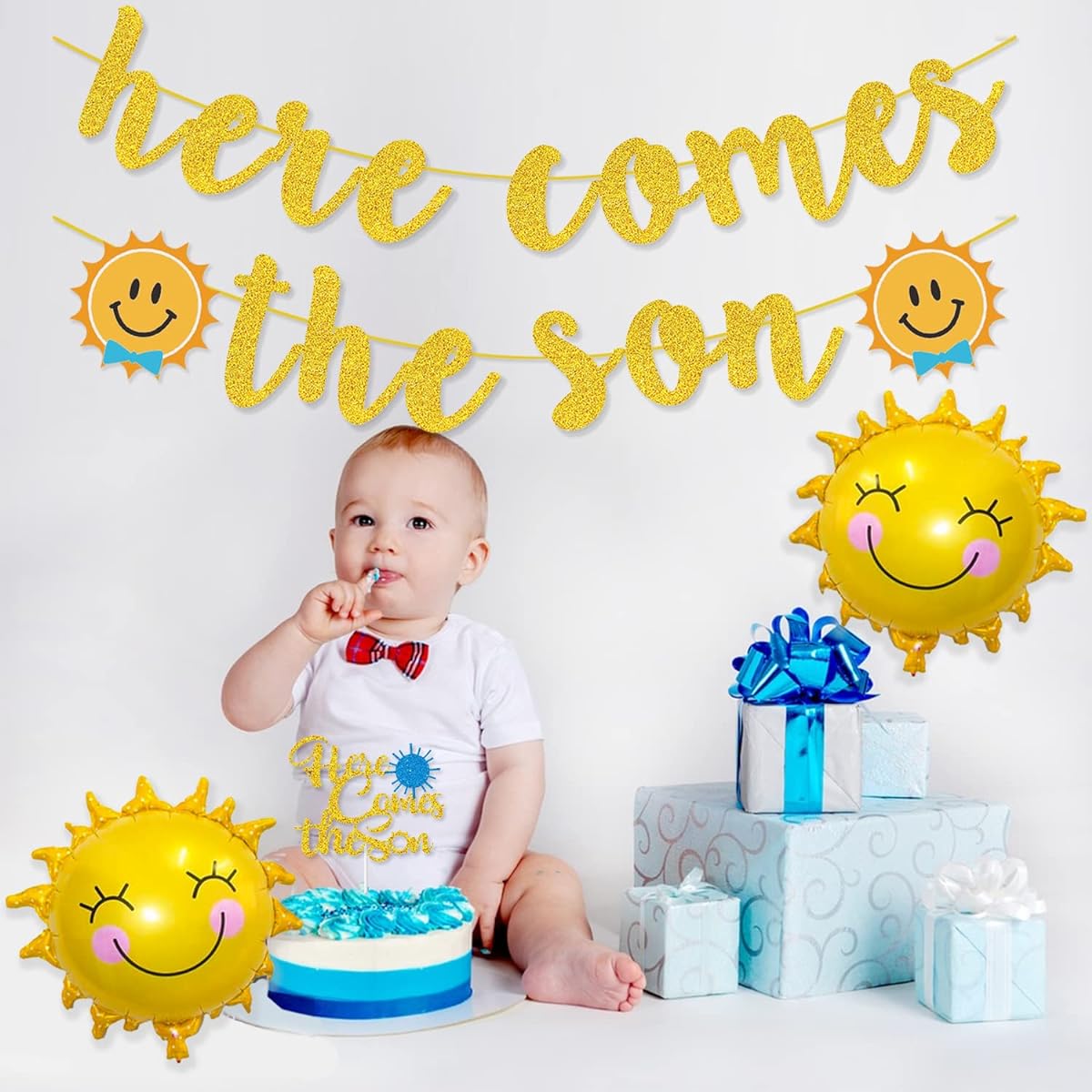 Here Comes the Son Banner Cake Topper Sunshine Balloons Boy Gold Glitter Baby Shower Decor Retro Boy Summer Boho Sunshine Theme 1st Birthday Party Decorations
