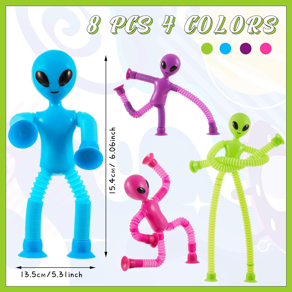 Lenwen 8 Pack Alien Pop Tubes Suction Cup Stretchable Sensory Fidget Tubes with Built-in Sensing Lights Alien Party Favors Stress Relief Fidget Toys for Birthday Party/Classroom Gifts