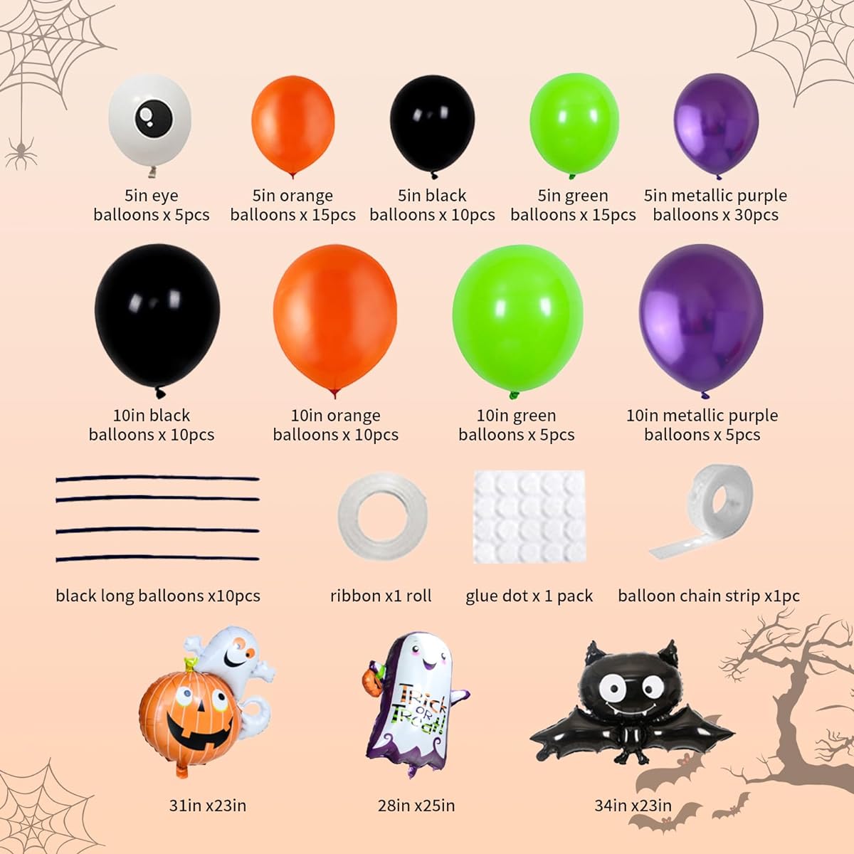 Halloween Balloon Arch Kit Ghost Foil Balloon Large Black Bat Balloon Pumpkin Balloon Spider Balloon Black Orange Green Purple Balloon Halloween Balloon Garland Halloween Party Supplies Decorations