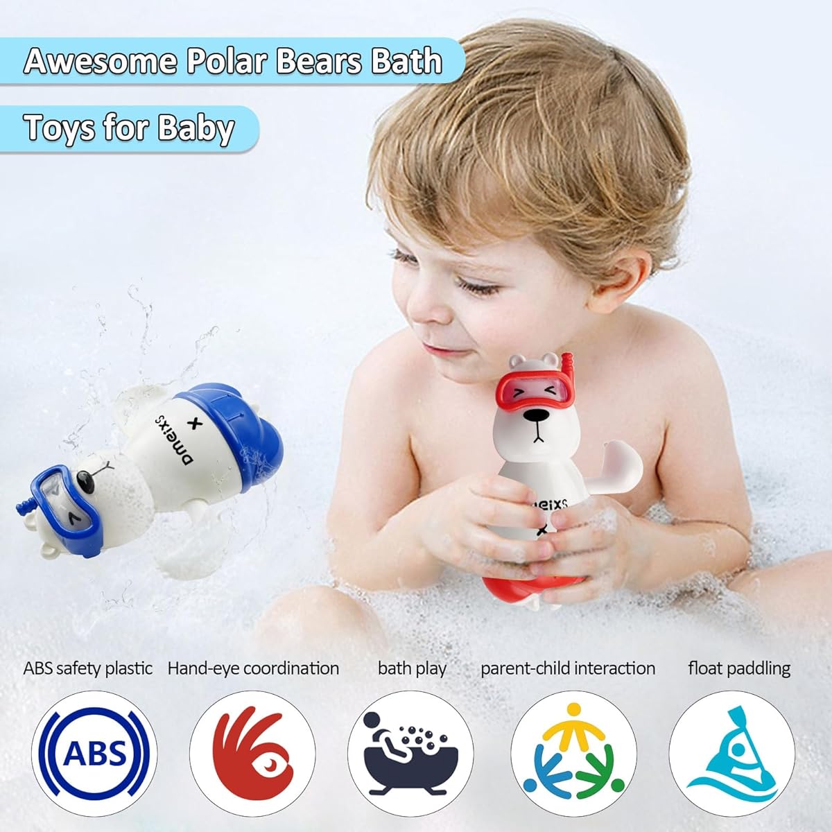 Dmeixs Toddler Bath Toys 4 Pack Floating Wind-Up Bath Toys Baby Bathtub Shower Beach Swimming Pool Game Water Play Toys for Toddlers Kids Boys Girls (Polar Bear)