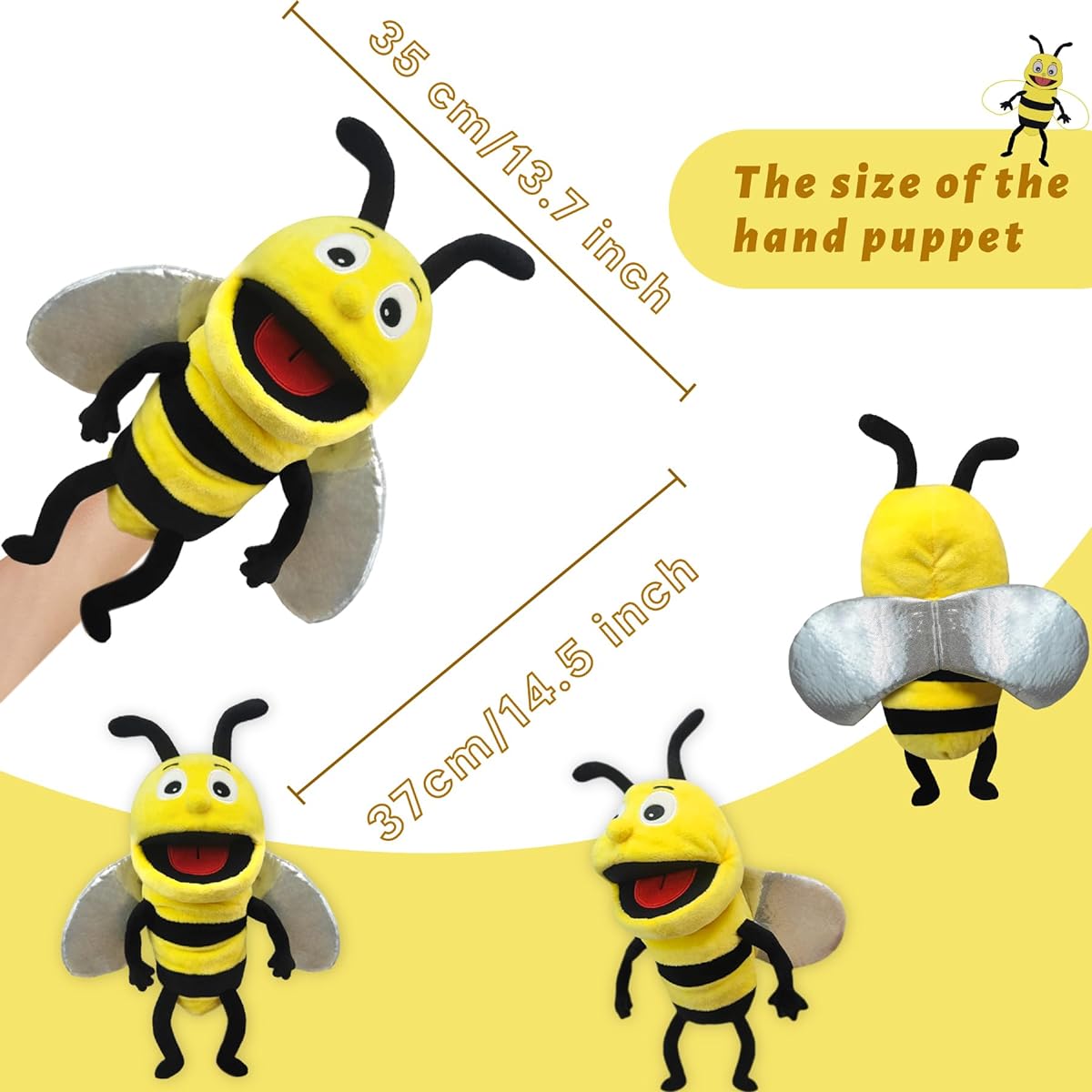 JUSTQUNSEEN Hand Puppets, Realistic Plush Puppets 13 Inch Kids Insect Animal Puppets with Movable Mouth Soft Stuffed Animal Bee Doll Story Toy Puppet Role Play Show Game