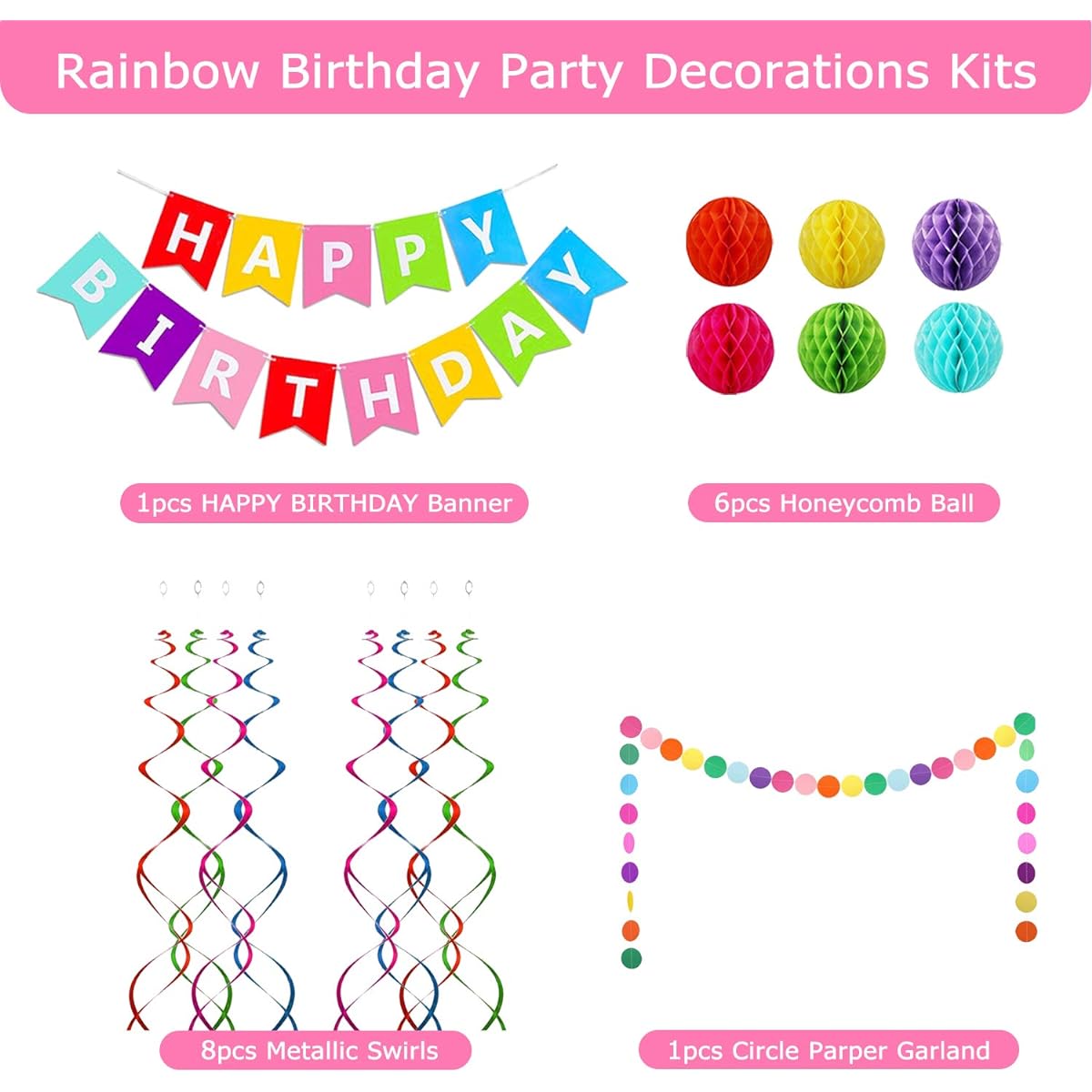 Happy Birthday Banner Rainbow Birthday Banner with 6 Honeycomb Balls 8 Metallic Hanging Swirls Circle Pearl Garland Happy Birthday Decorations