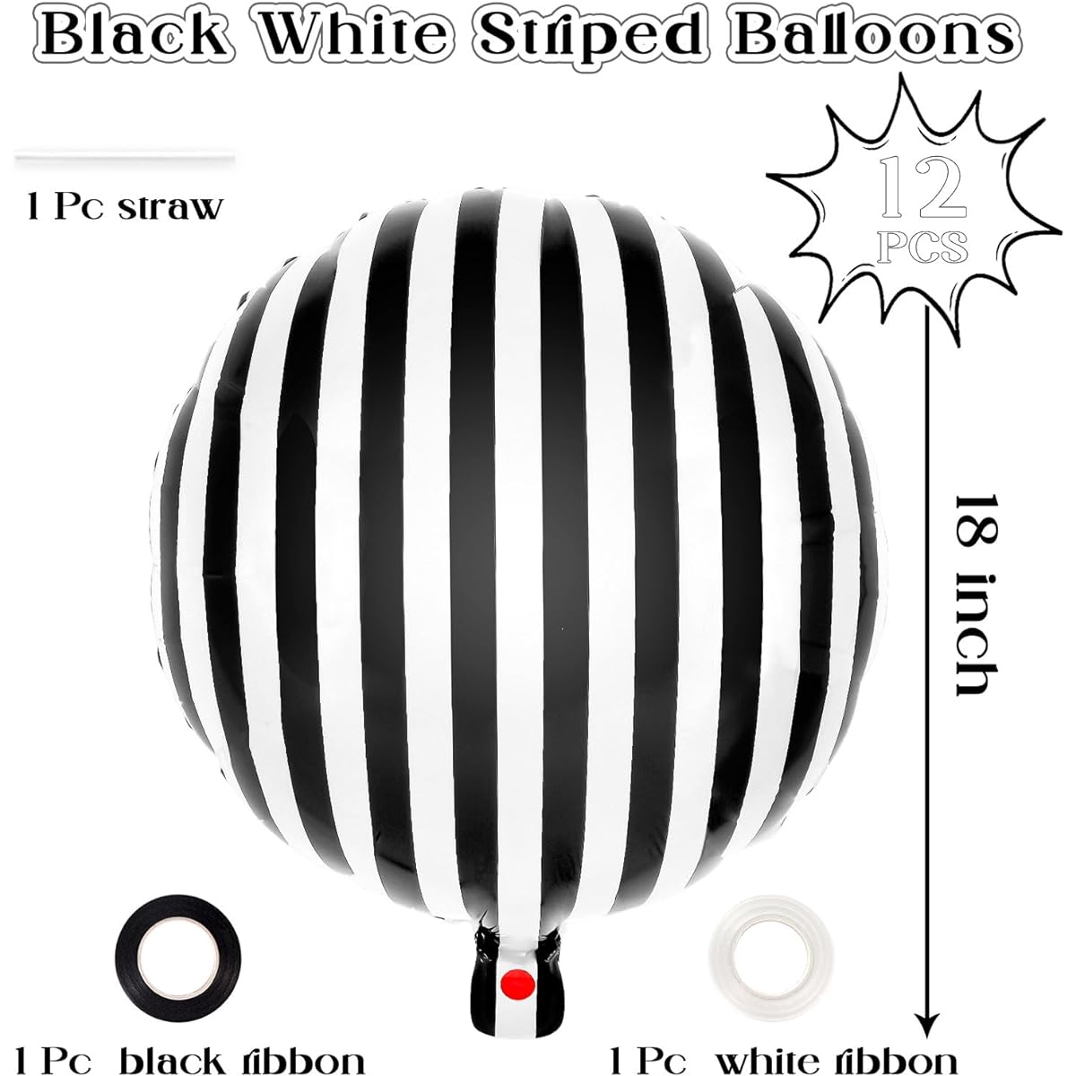 12pcs 18inch Black and White Striped Balloons, Striped Foil Balloons, Black Striped Checkered Balloons for Birthday Party, Baby Shower, Halloween Ceremony, Holiday Party Decorations