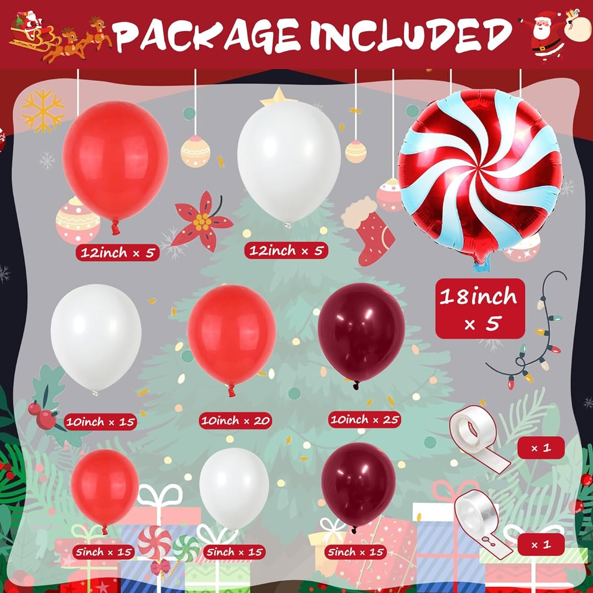 Christmas Balloon Garland Kit 122 Pieces Christmas Balloon Arch Kit Red White Burgundy Latex Helium Christmas Balloons with Candy Foil Balloons Christmas Balloon Set for Christmas Party Decorations