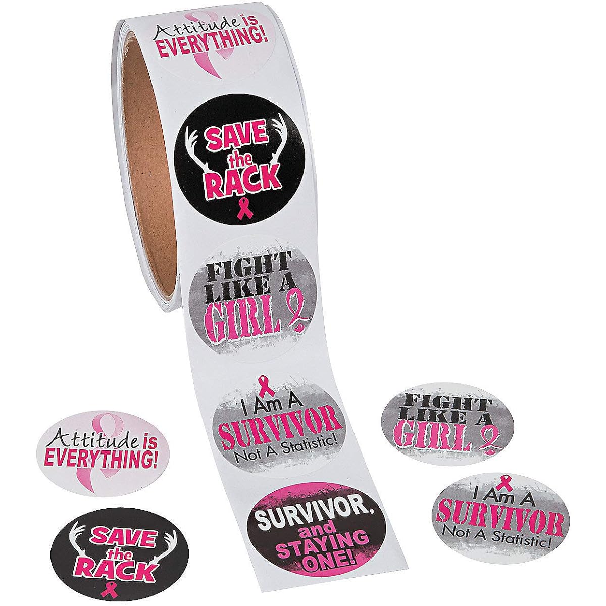 Pink Awareness Ribbon Motivational Stickers (100 Stickers Per Roll) Breast Cancer Awareness