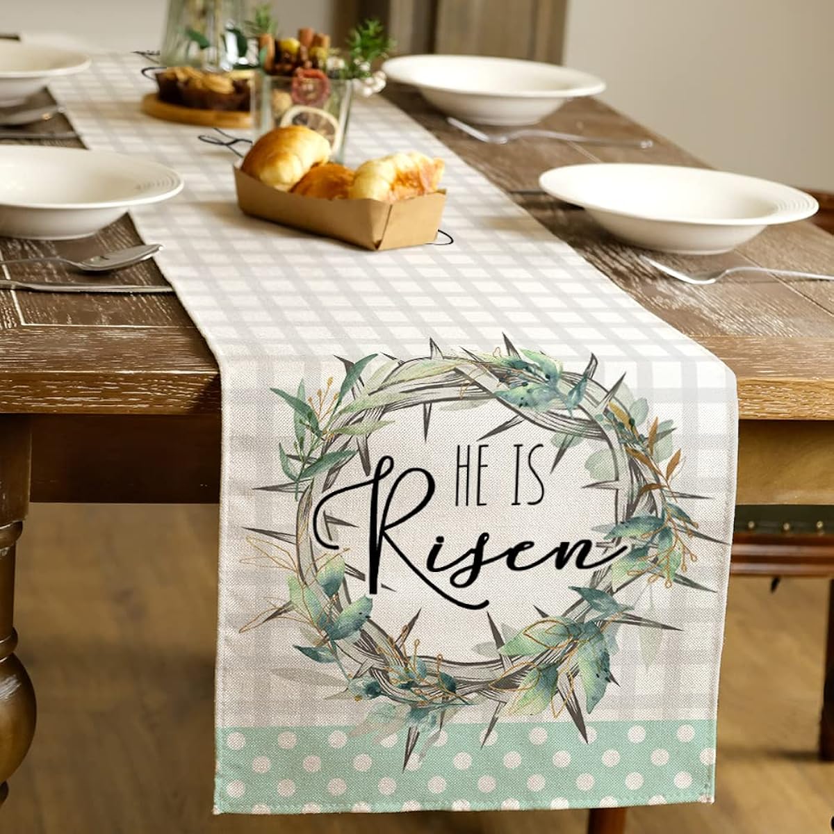 ARKENY Easter Table Runner 72 Inch He is Risen Coffee Home Dining Indoor Seasonal Spring Holiday Farmhouse Tabletop Decor AT365