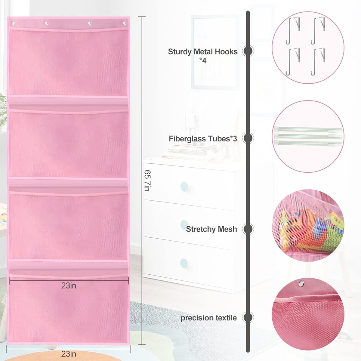 Stuffed Animal Storage, Over the Door Organizer Storage for Stuffed Animals, Baby Products and Other Soft Items, Breathable Hanging Large Capacity Toy Storage Pocket for Kids Room/Bathroom (Pink)