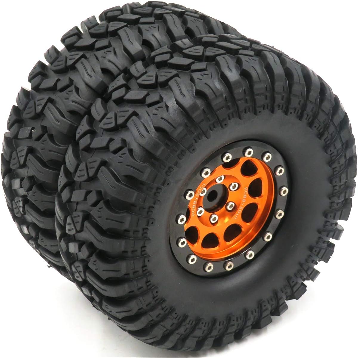 RC 1.9 Inch Crawler Mud Tire Off Road Tire Height 114mm & 1.9 Alloy Beadlock Wheel Rim Hex 12mm Black/Orange 4pcs