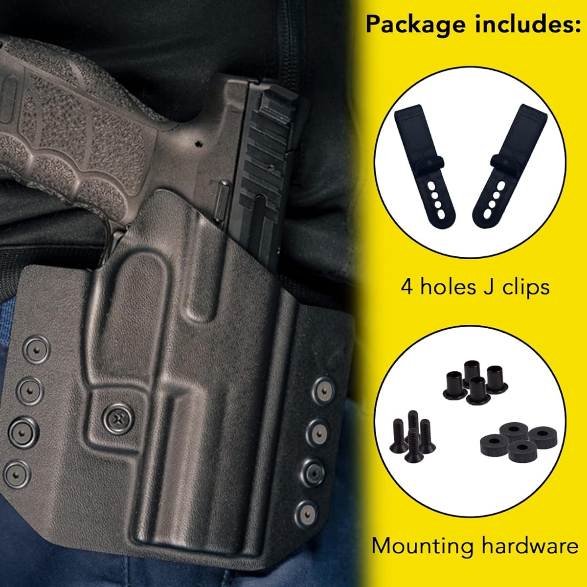 HolsterBuilder J Clip with Mounting Hardware - IWB OWB 4 Drill Hole Tackable Clip for Kydex, Leather, Hybrid Holster Construction - Holster Sheath Grip Hook (Tactical Black)