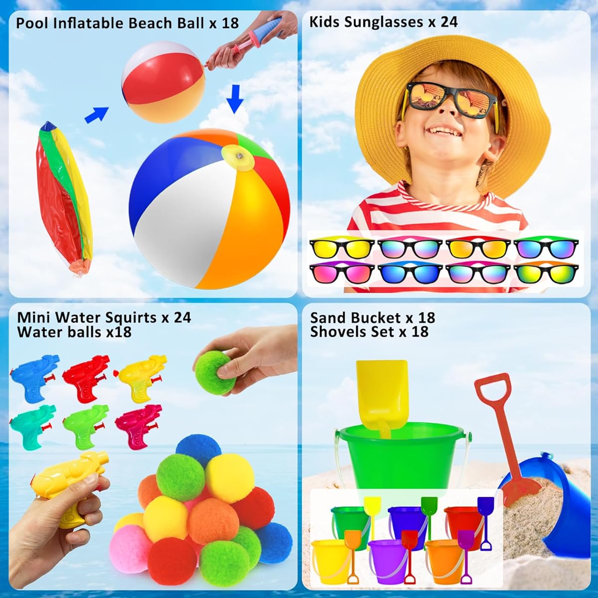 120pcs Summer Beach Party Favors for Kids - 18 Inflatable Beach Balls, 36 Sand Buckets and Shovels Set, 24 Neon Sunglasses, 24 Water Guns, 18 Water Balls, Pool Party Gift Supplies