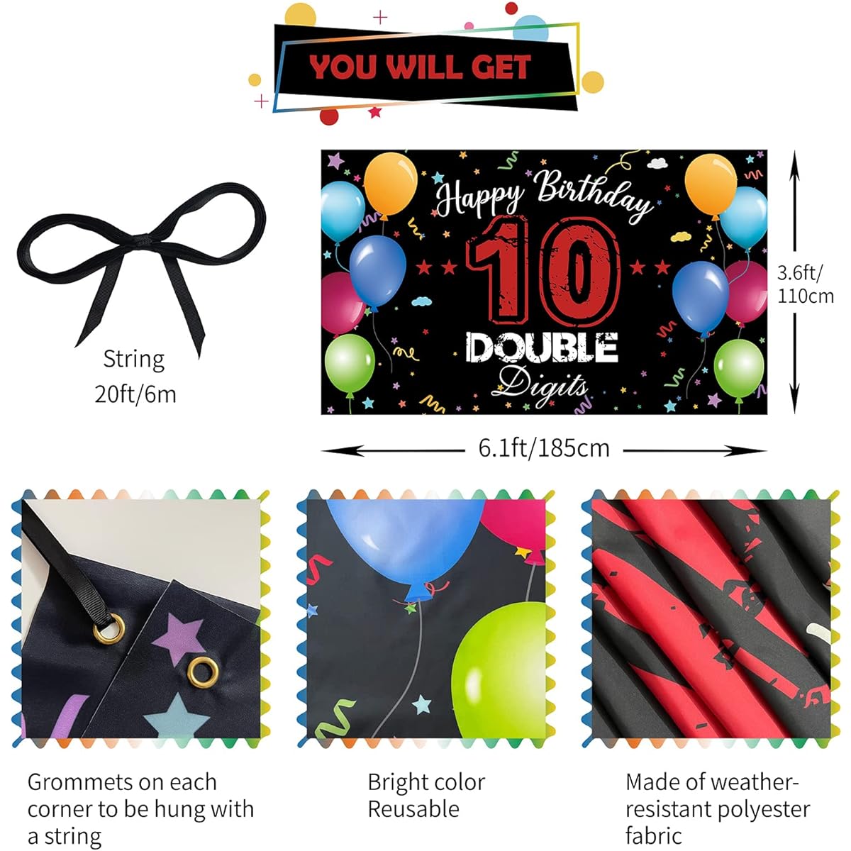 HTDZZI 10th Birthday Backdrop Banner Happy 10th Birthday Decoration for Boys/Girls Double Digit 10th Birthday Party Photo Booth Props Yard Sign Poster Supplies Fabric 6ft x 3.6ft
